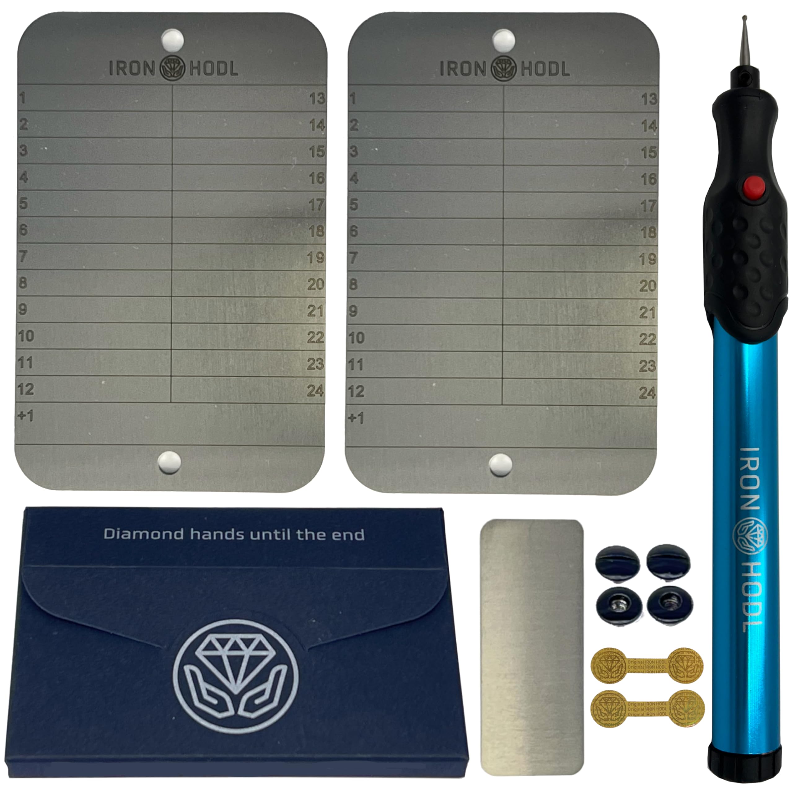 IRON HODL Portafoglio in acciaio + penna per incisione blu + piastra di  prova, viti, adesivi,