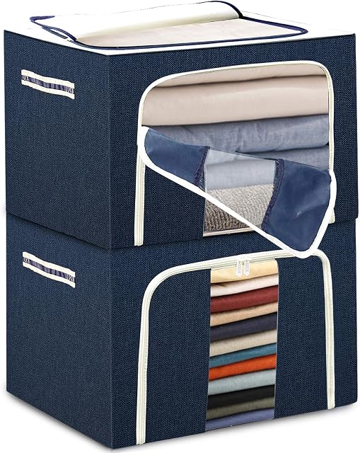 Stackable Clothes Storage Boxen Bags - With Steel Frame 2X 72L, Tulab Foldable Oxford Storage box with lid, Clear Window, Reinforced Carry Handles, Waterproof, Organizer Container bins set for Closet