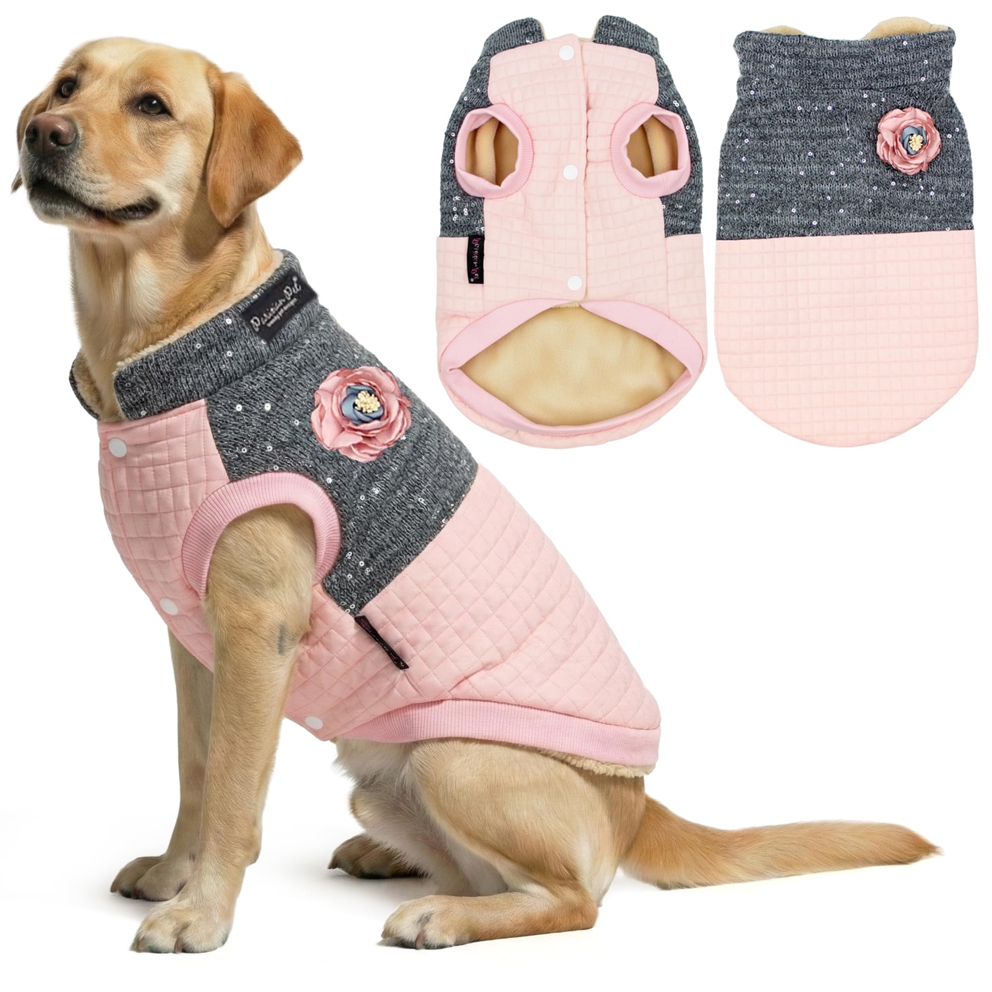 Parisian Pet Dog Jacket – Dog Pink Winter Coat – Windproof Pet Clothes – Soft and Warm Fleece Puppy Vest – Fancy Flower Quilted Jacket for Large Dogs XL — image 1