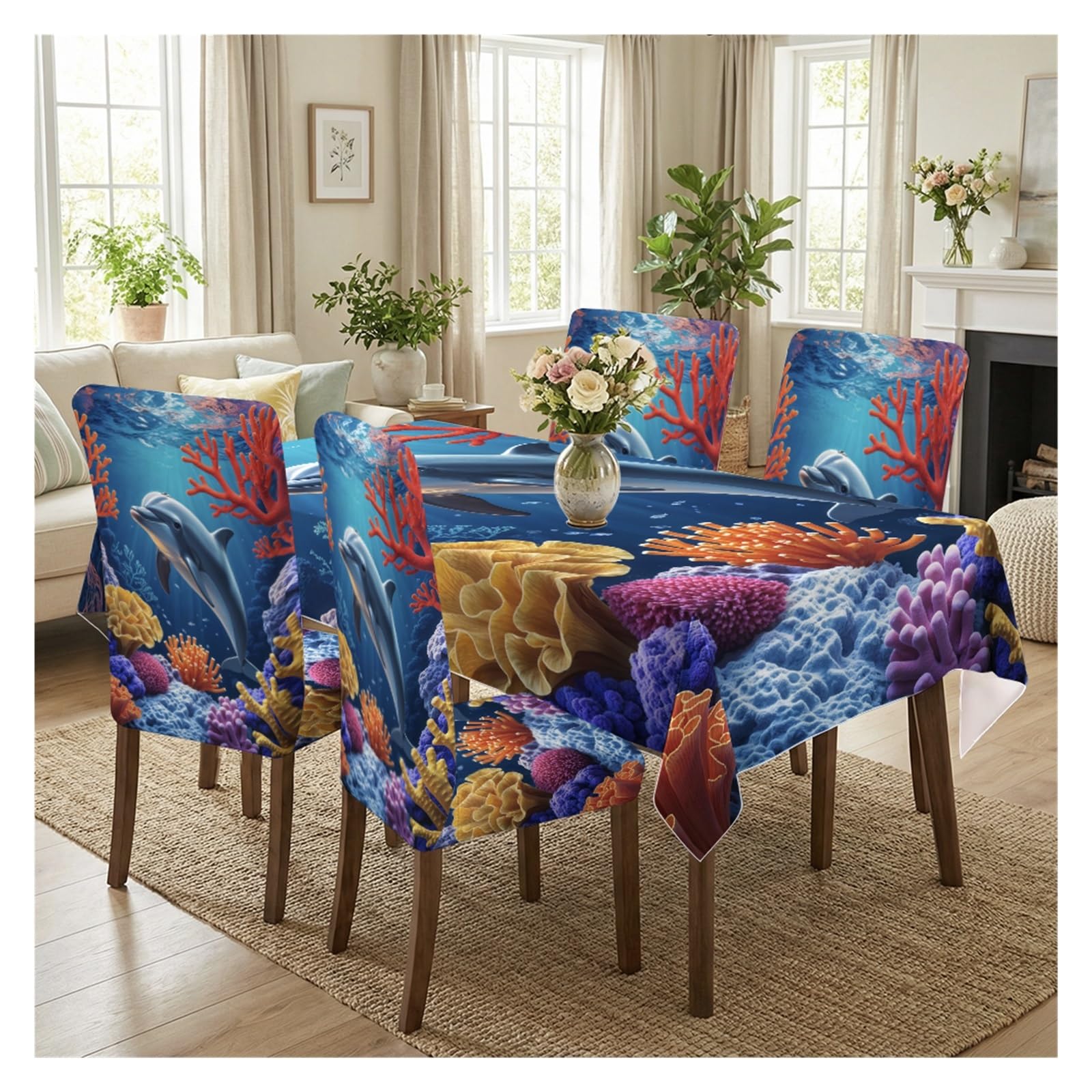 KXUAUV Ocean Dolphin Coral Underwater Pattern Print Stretch Dining Chair & Tablecloth Set, Coastal Tropical Dining Decor, 5/7 Pack Party Decor(5pcs Set: Tablecloth+Chair Covers)