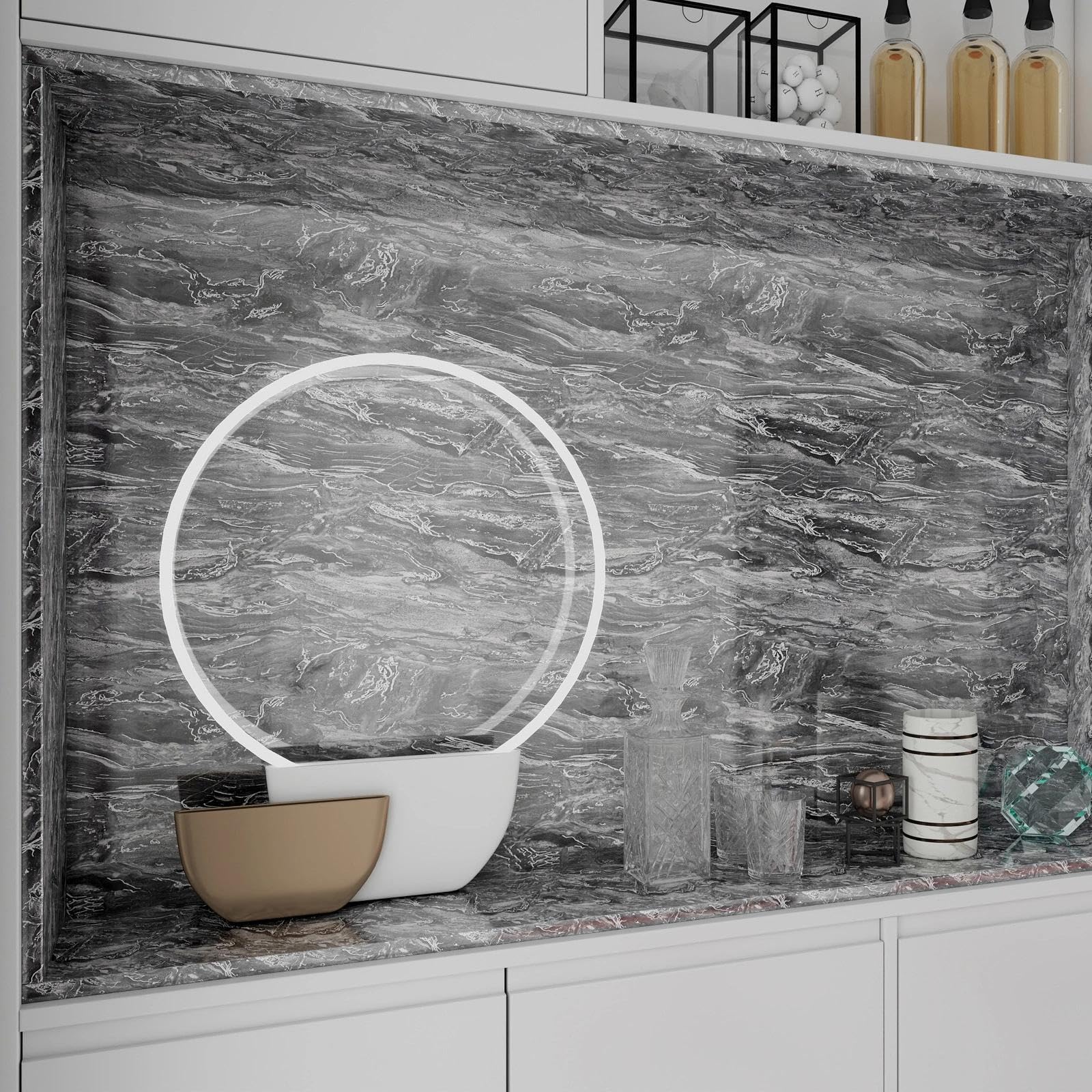 wishFIRE Papier Peint Adhesif Mural Marbre Gris Argent (40x500cm) – Aspect Marbre Épais Autocollant & Imperméable, Feuille Vinyle Brillant Haute Pour Cuisine & Meubles