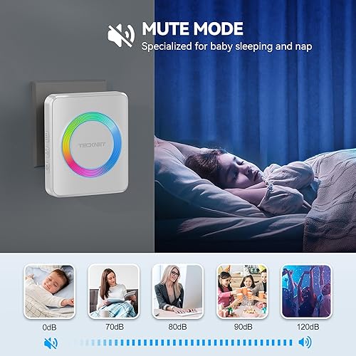 Miniatura 5 de TECKNET Timbres inalámbricos para el hogar, timbre de puerta impermeable IP65 con rango de 1300 pies, kits de timbres de aula de 0 a 120 dB con 60