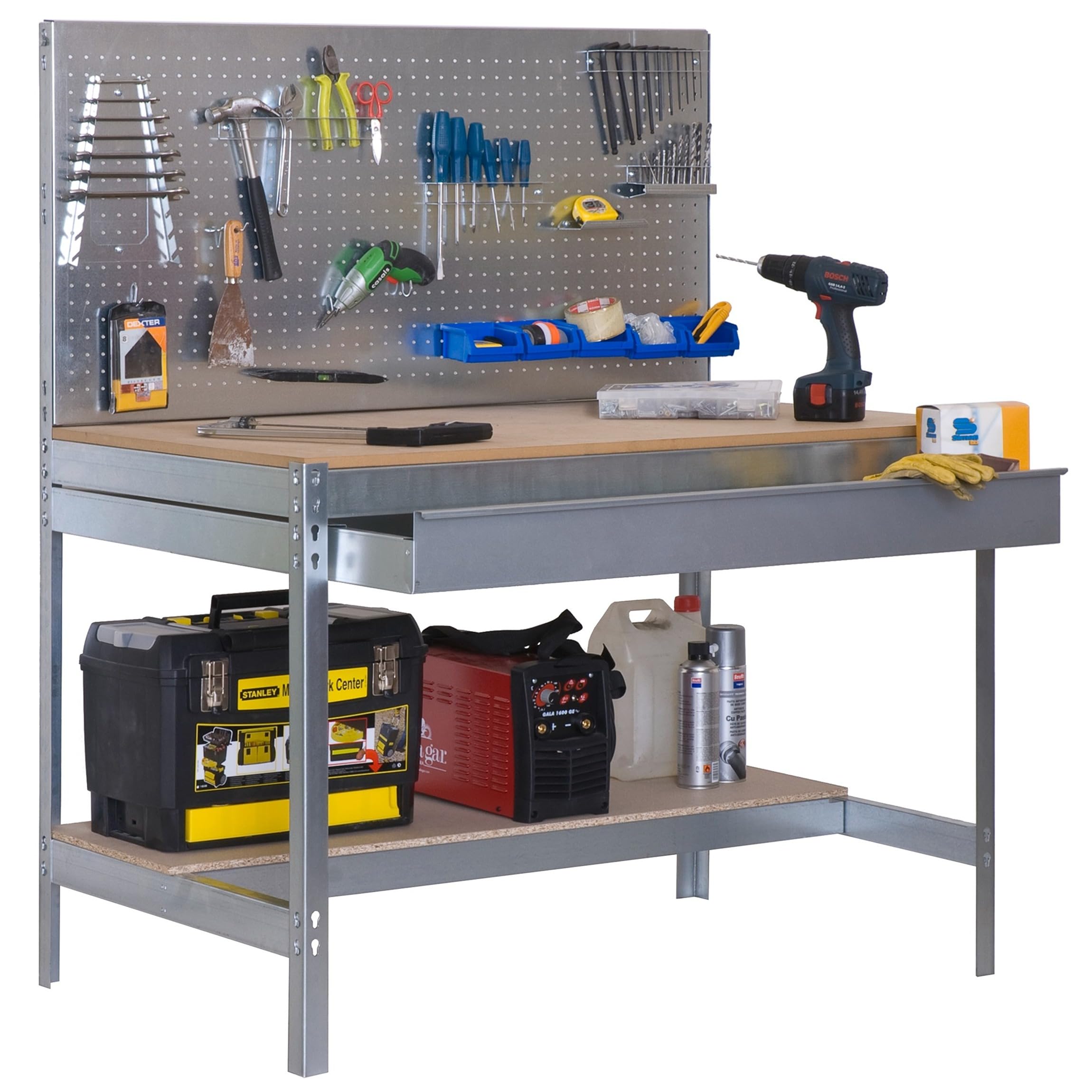 SimonRack Banco da Lavoro Officina, Capacità di Peso 600 kg, 1445x1510x610 mm, Tavolo da Lavoro, 1 Cassettto, Zincato/Lengo - BT2
