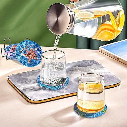 Miniatura 6 de Craftdady Juego de 8 piezas de pintura de diamantes oceánicos para adultos, posavasos de arte de diamantes con soporte, posavasos acrílicos para