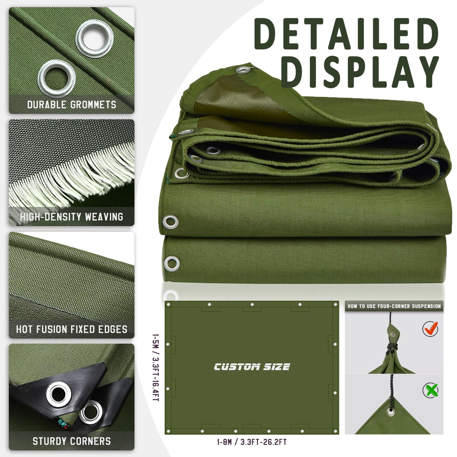Telo di copertura in tela cerata verde resistente impermeabile con occhielli in alluminio, teli di fondo per tenda da giardino da campeggio all'aperto, 600 g/m² crittografato e ispessito(Size:1.8x1.8m