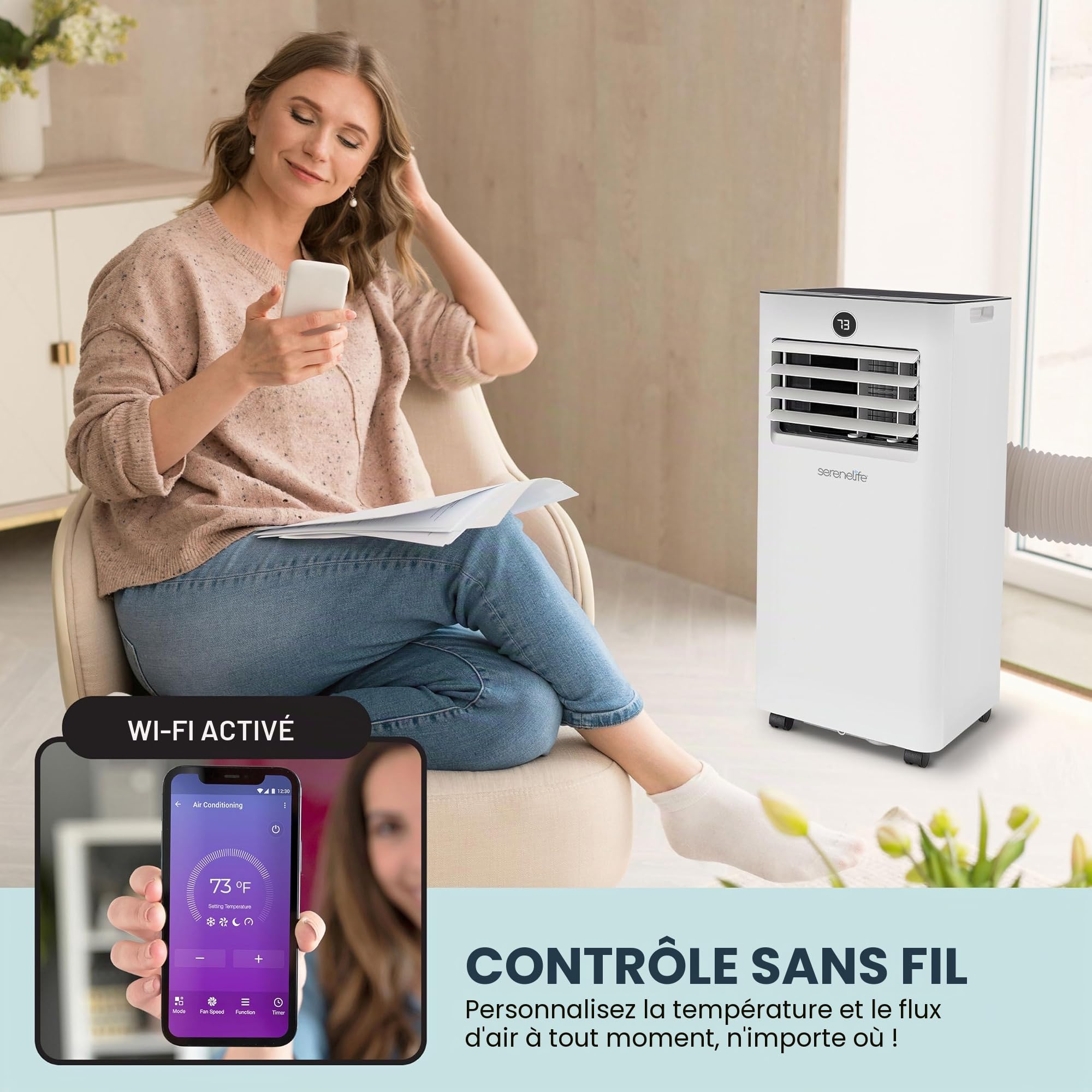 SereneLife Climatiseur Portable 9000 BTU WiFi, Climatiseur Mobile Compact avec Télécommande – Clim 3-en-1 Rafraichisseur d’Air Ventilateur, Kit Fenêtre pour Maison Bureau