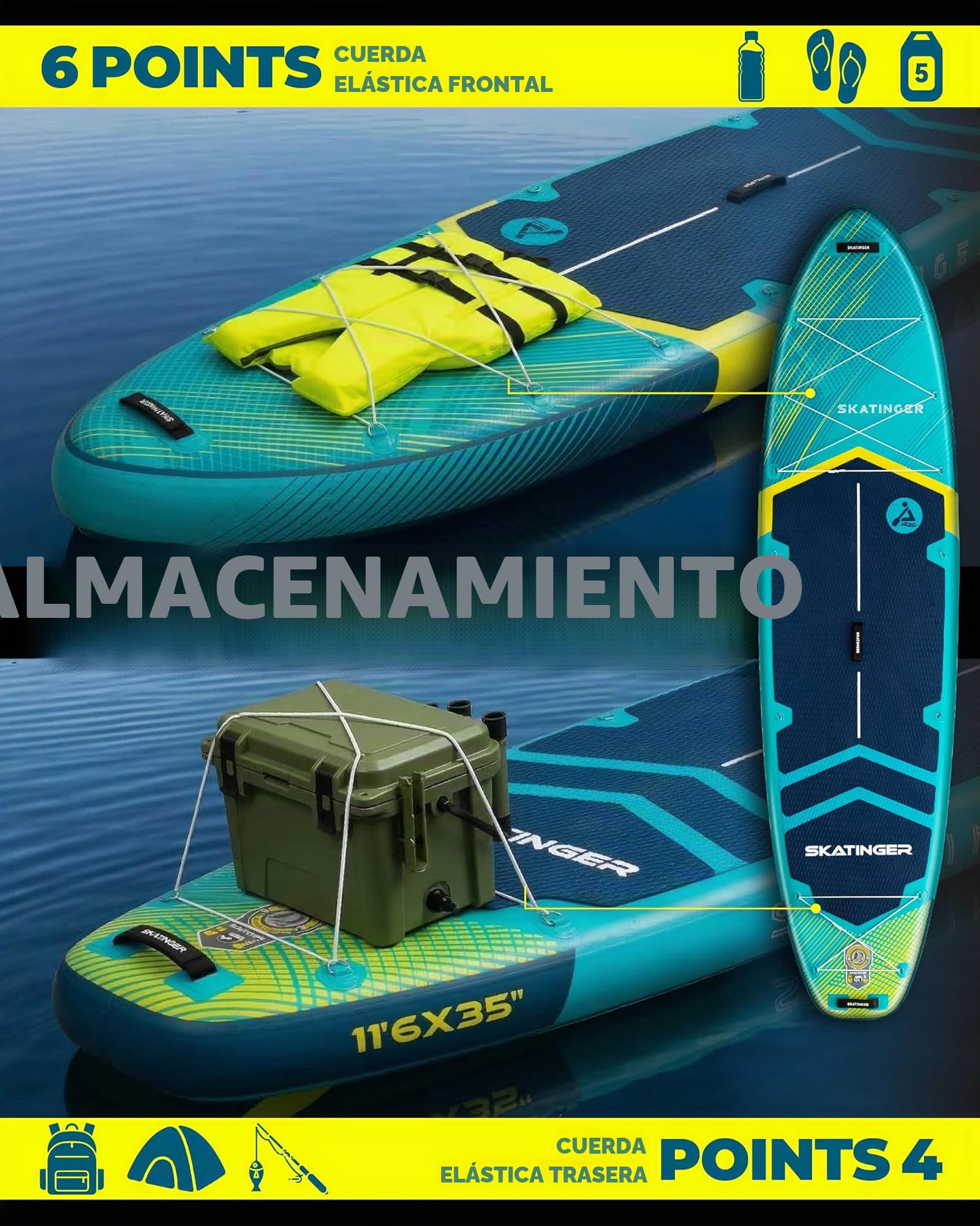 Skatinger Tabla de Remo Inflable de pie, Tabla de Remo Inflable de 11 x 34 x 6 Pulgadas, Tabla de Remo de Yoga con Mochila 1600D, 6 Anillos en D adicionales, Correa para el Hombro, Aleta Central de