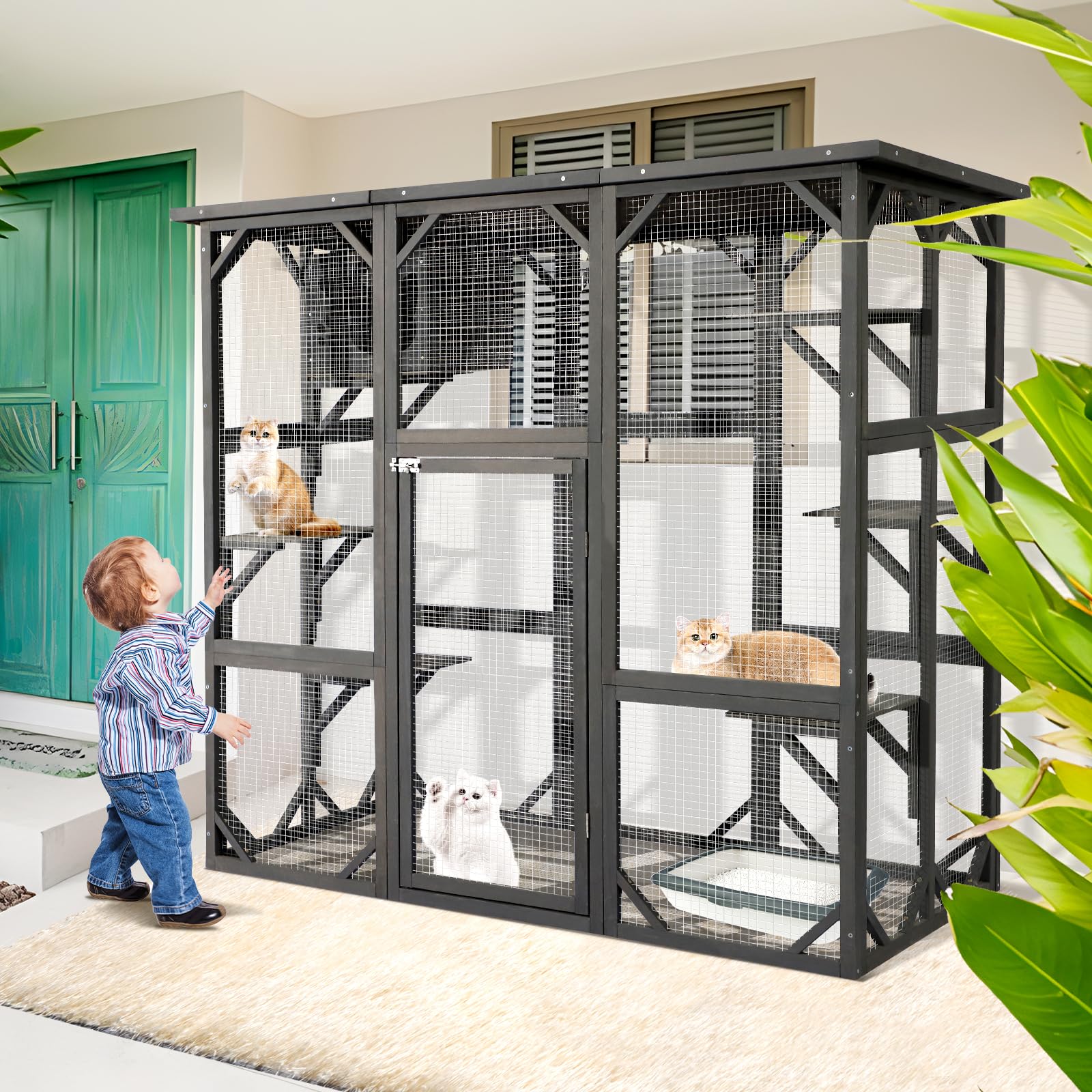 Large Outdoor Cat House Catio Kitty Enclosure with Large Enter Door, Wooden Cat Cage Condo Indoor Playpen with 6 Platforms & Small House (Grey)