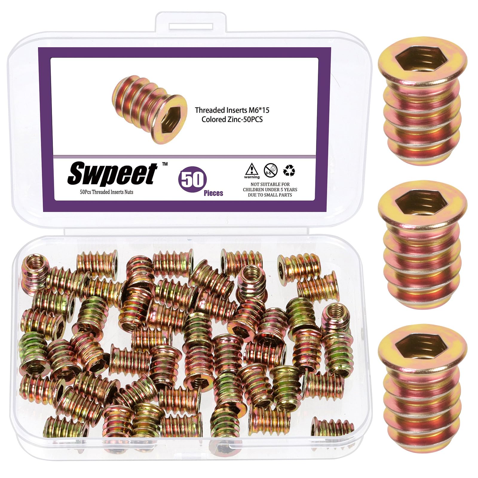 Swpeet 50Pcs M6×15 Color Zinc Plated Threaded Insert Nuts, Hex Drive Threaded Inserts, Internal Threads Fastener Connector, Wood Threaded Inserts for Wood Furniture Screw