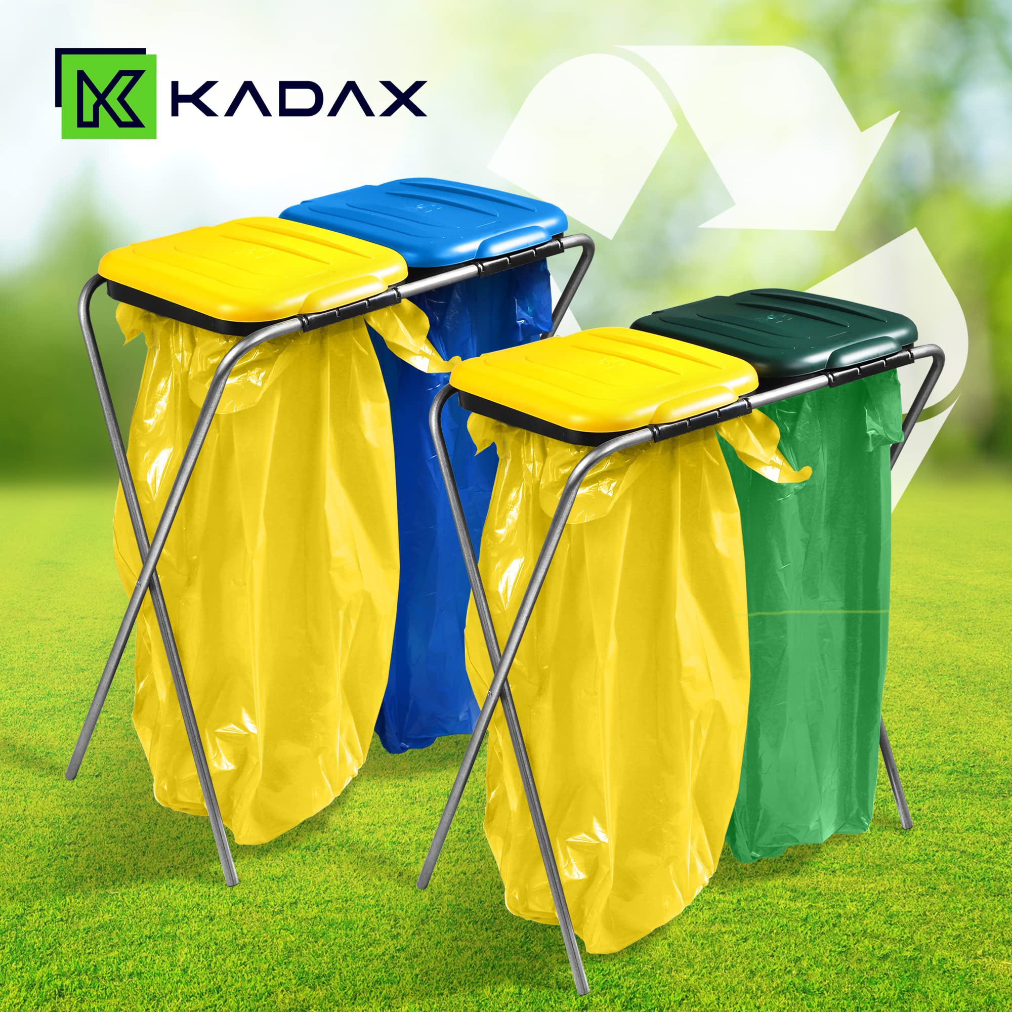 KADAX Porte-Sac Poubelle pour Interieur et Exterieur, Support Pratique pour Les Sacs de Recyclage d'une Capacité de 120L (Double: Jaune et Vert)