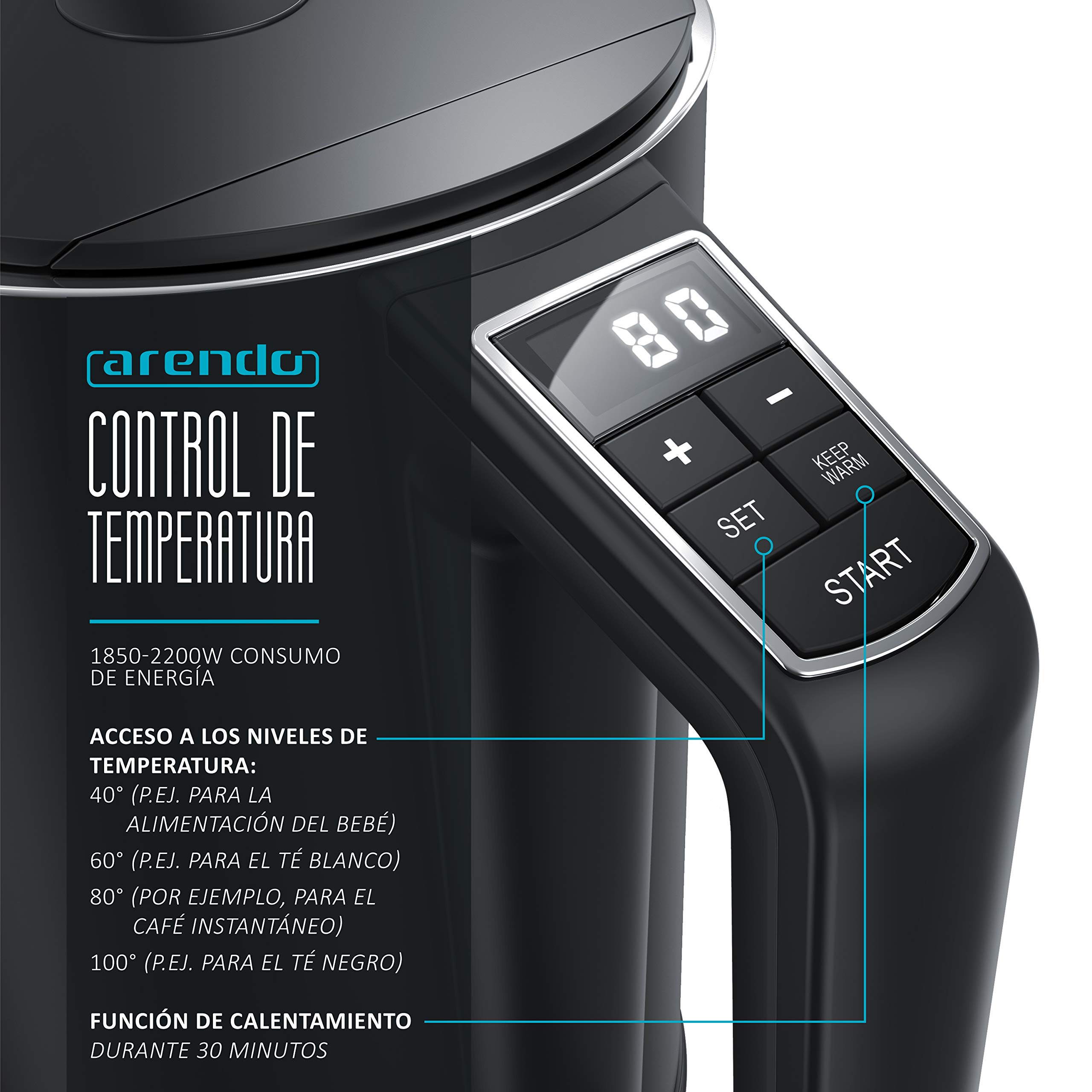 Arendo - Hervidor de agua eléctrico 1,5 litro, Tetera con ajuste de temperatura de 40°C a 100°C, Modelo Elegant, Diseño de doble pared, Acero inoxidable, Fácil de limpiar, Para té café infusión, negro