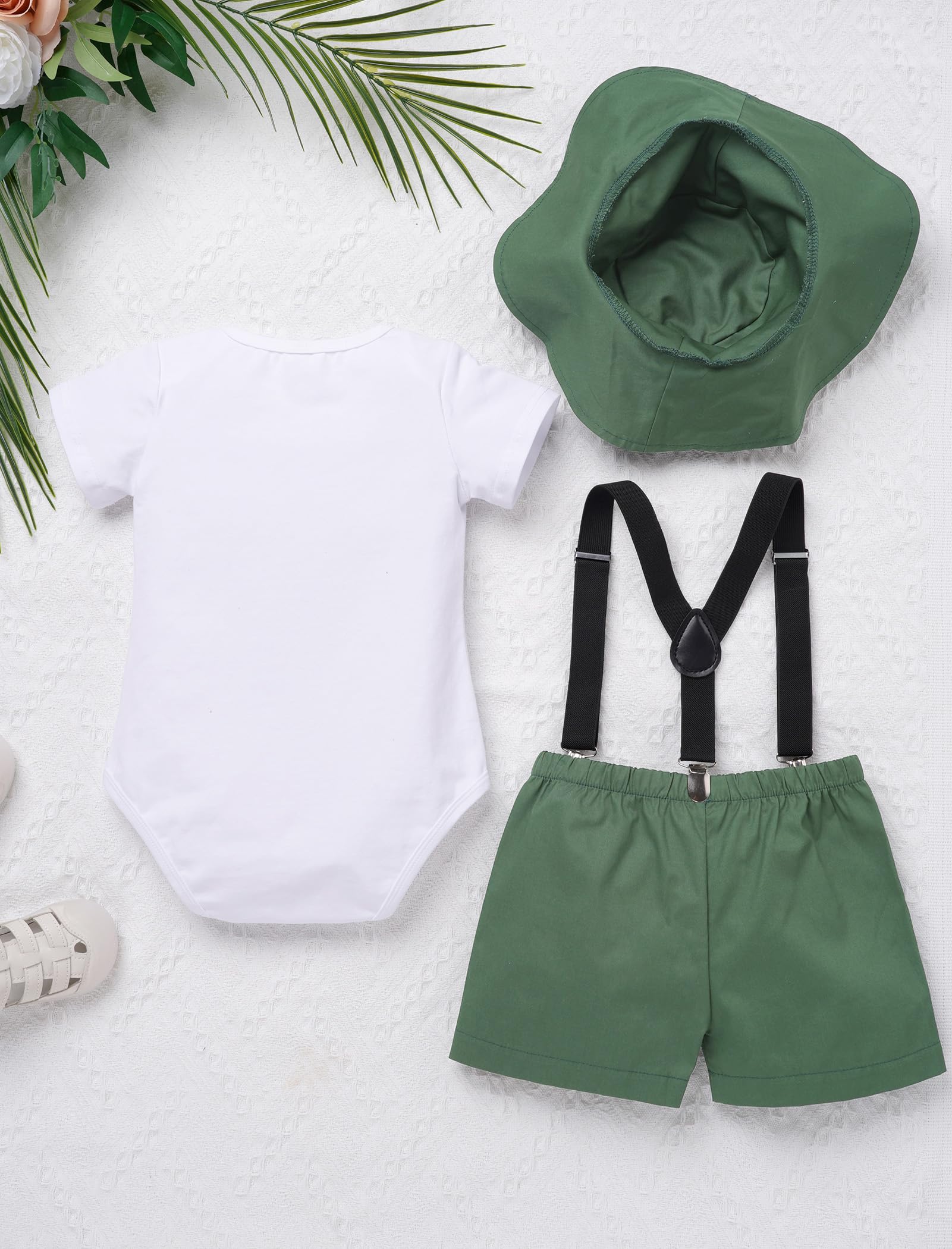 IDOPIP First Birthday Outfit Boy Baby Lion Cake Smash Clothes Safari Jungle Animals Romper with Bowtie + Suspenders Shorts + Hat 4PCS Sets for Photo Shoot Party Dress Outfits Green 12-18 Months