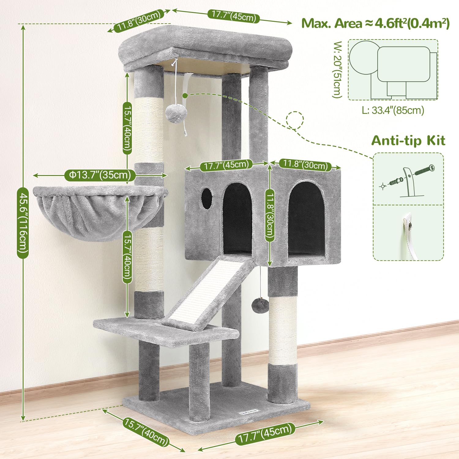 Globlazer Rascador para Gatos con Grandes Nidos Plataformas Acolchada Cesta Tabla Rascar Sisal Peluche Juguete, Árbol Rascador Estable Alto 116 cm para Gatito Grande Gato Viejo (S45, Gris Claro)