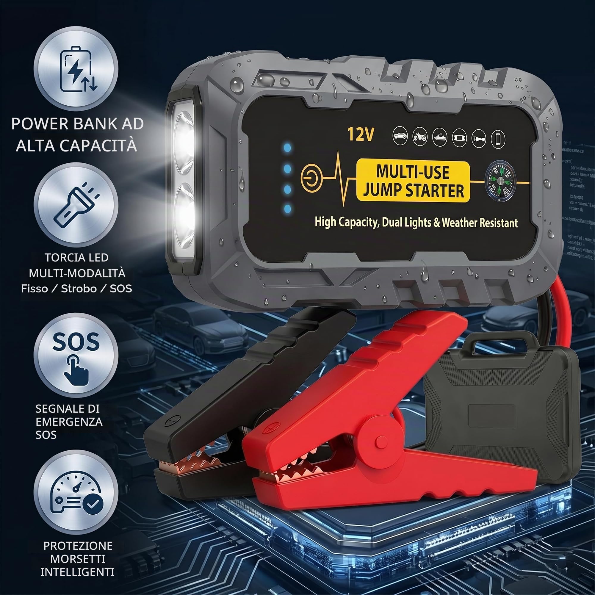Avviatore per auto 3000A picco 2000A corrente di avviamento, Power bank portatile per batteria auto 12V per tutti i veicoli a benzina e diesel, con cavi booster intelligenti, torcia LED e porte USB