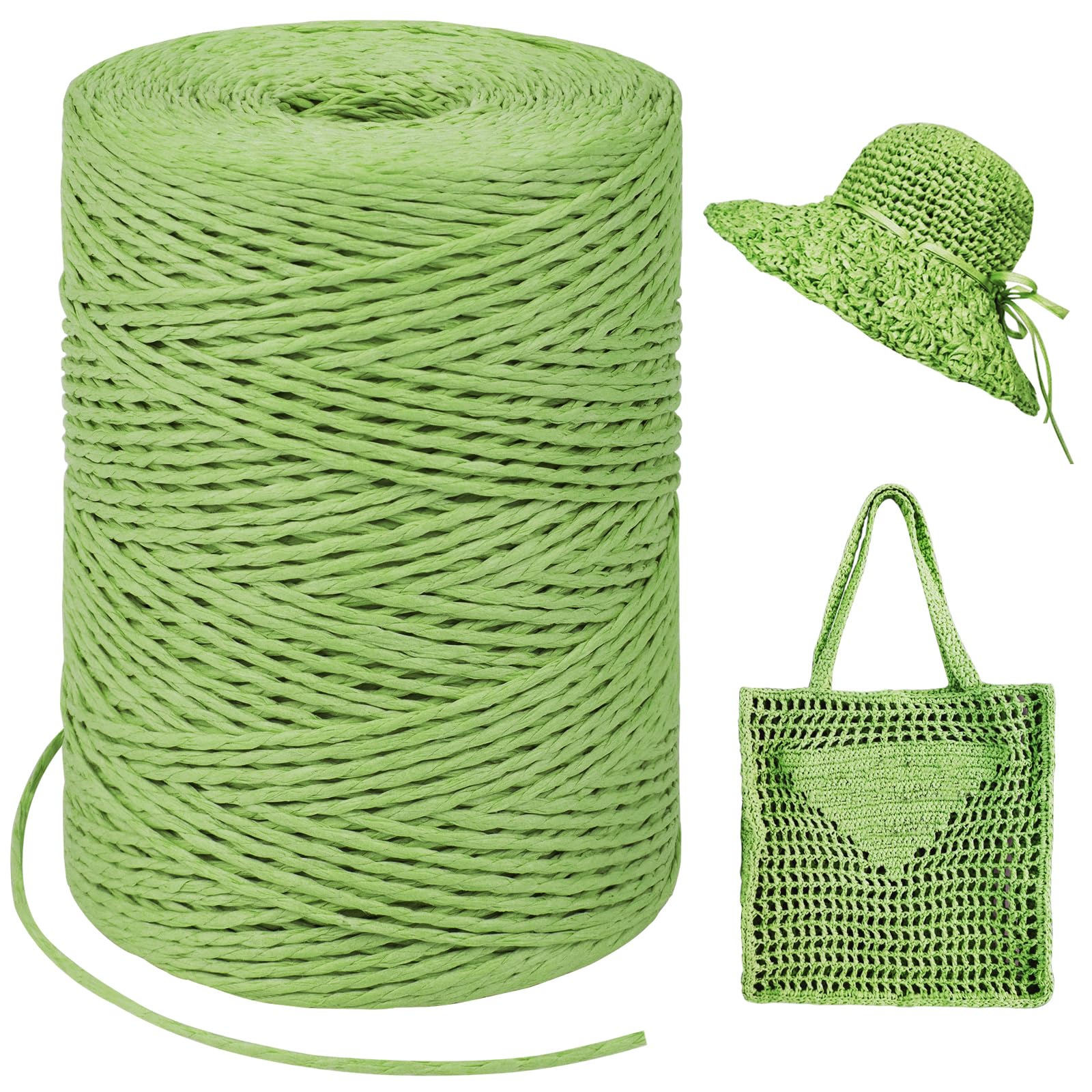 LEREATI Grass Green Raffia Yarn for Crochet Bags, 1.5mm x 300m Round String Raffia Ribbon for Gift Wrapping, Raffia Paper Ribbon Yarn for Crocheting Sun Hat, Bag, DIY Crafts, Holiday Decoration