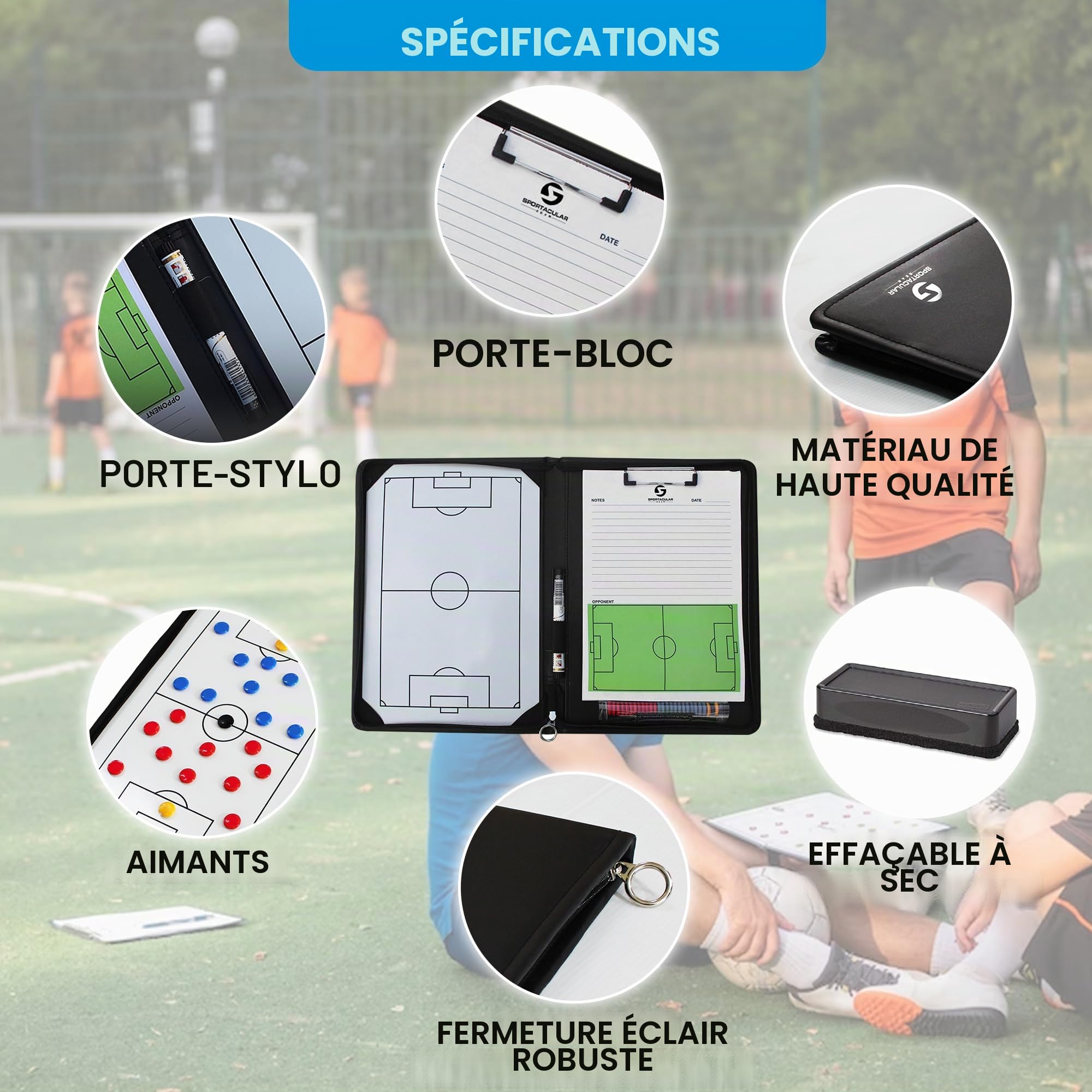 dossier de l'entraîneur de football avec tableau tactique et accessoires | Pochette d'entraînement | Classeur tactique pour entraîneur de football |
