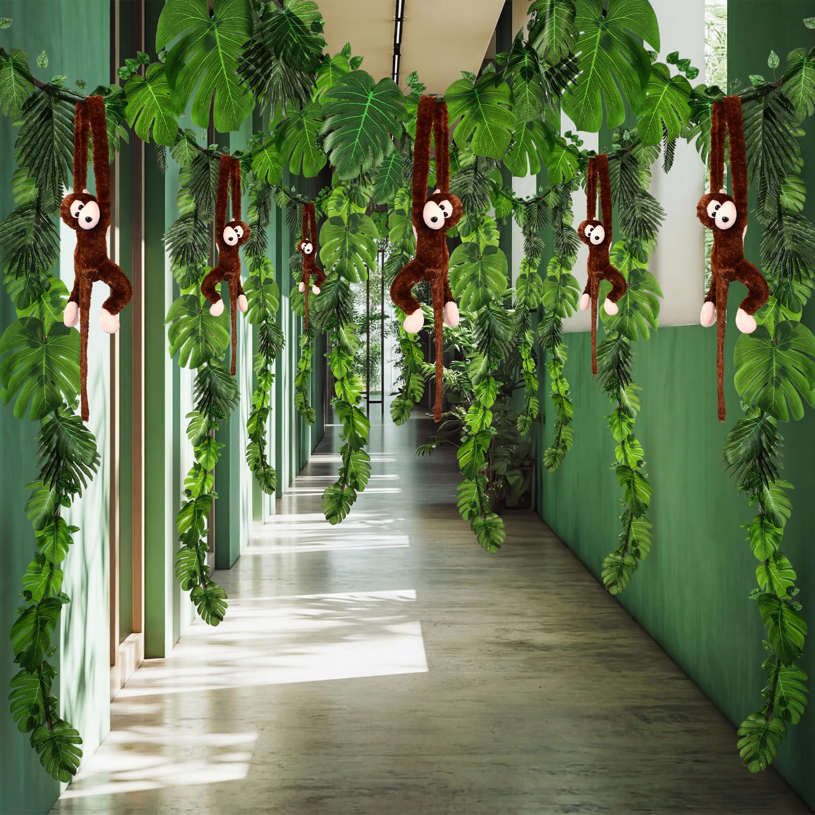 Suncalla 115 piezas de decoración de fiesta temática de la selva, 6 monos colgantes de peluche de 29 pies, vides Pothos de 40 pies, ratanes artificiales, 100 guirnaldas tropicales de hojas de palma