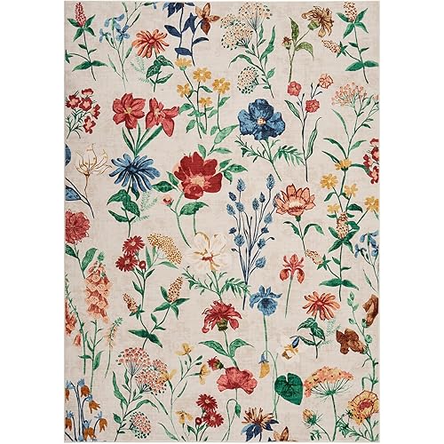 IDEALHOUSE Washable Area Rug, Vintage Floral Distressed Design, Faux Wool, 8x10 Non-Slip Low Pile Carpet for Living Room and Bedroom, Beige
