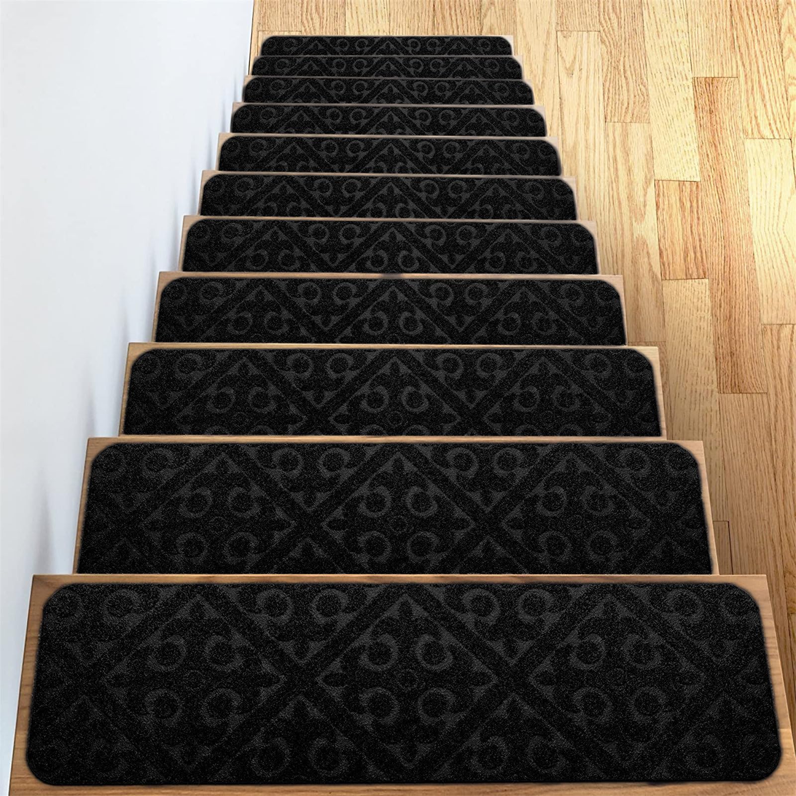 Odot Tapis Escalier, Tapis Gaufrage Escalier Antidérapant, Muet Moquette Escalier Lavable en Machine, Marchettes d'Escalier Auto-Adhésif, pour Enfants, Aînés Animaux (15 pièces,Noir 1)