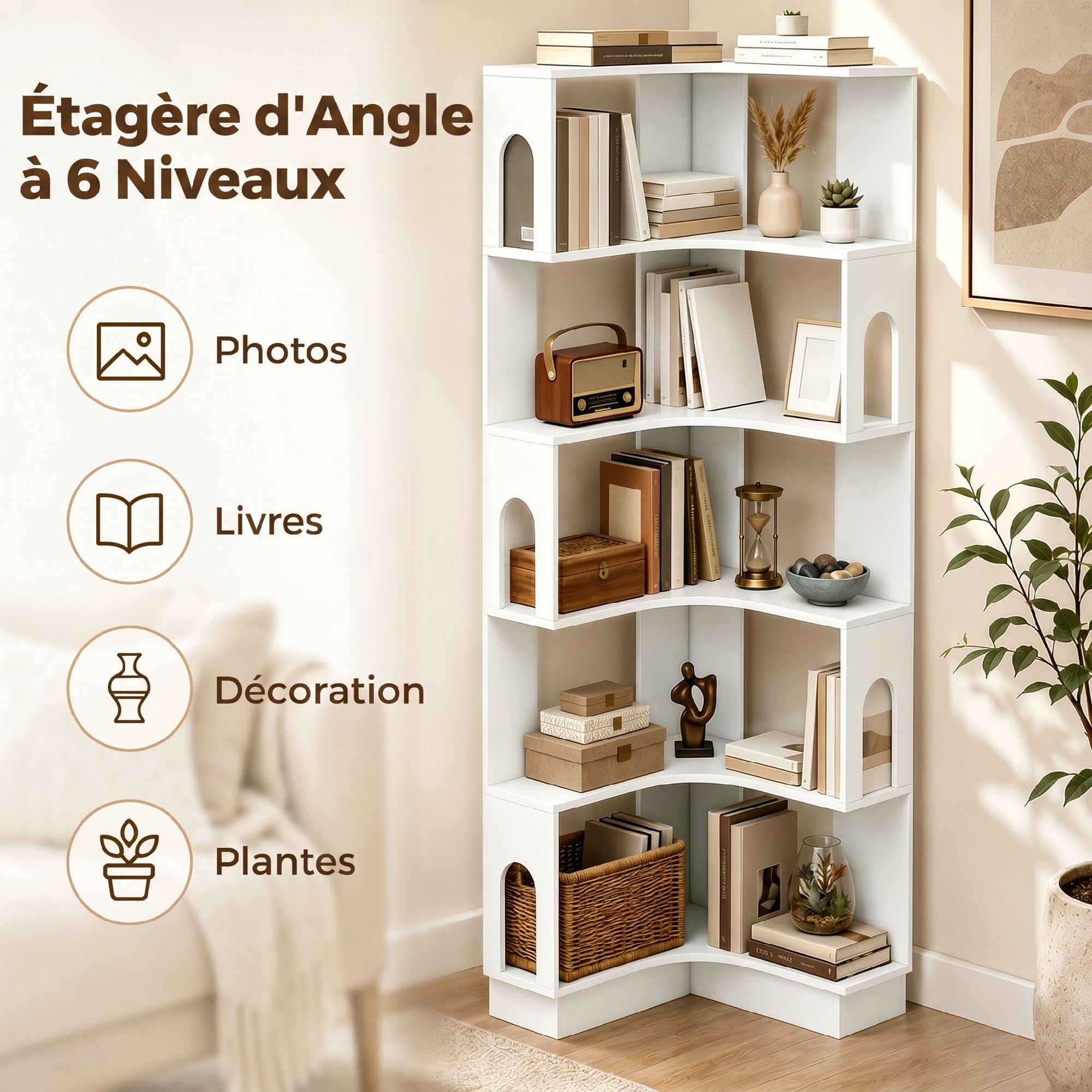 HOMCOM Bibliothèque d'angle, étagère de Rangement à 6 Niveaux avec Panneaux latéraux arqués, Style Moderne, Meuble de Rangement pour Bureau, Salon, Chambre, 60 x 60 x 165,5 cm, Blanc