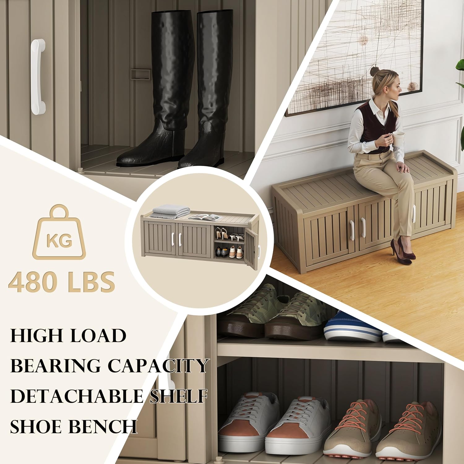 EasyUp Shoe Bench Entryway, Waterproof Resin Shoe Cabinet,Outdoor Shoes Storage Bench, 2-Tier Hallway Shoes Rack with Adjustable Shelves for Entryway, Living Room, Bedroom(Grey,3 Door)