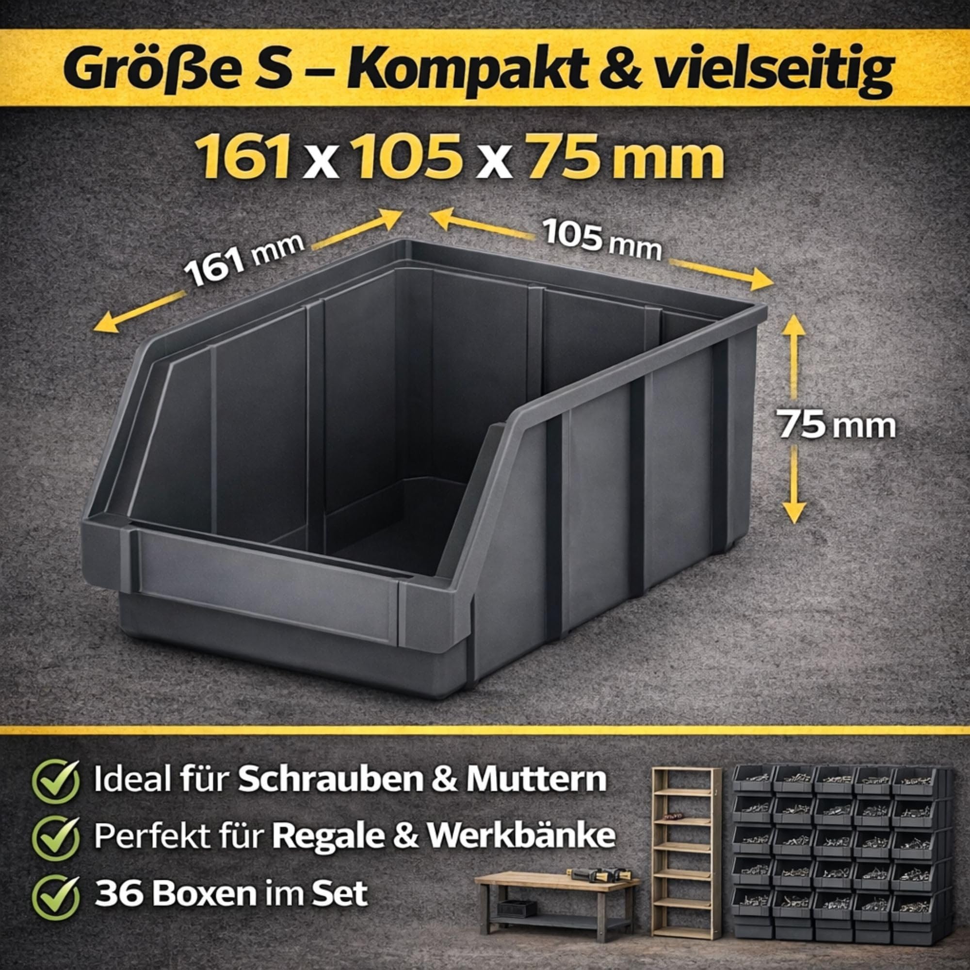 RODOPI 36er Set Stapelboxen, Größe S | Sichtlagerkästen 161x105x75mm | Robuste Lagerboxen für Werkstatt, Garage, Keller | Aufbewahrungsboxen für Kleinteile Anthrazit