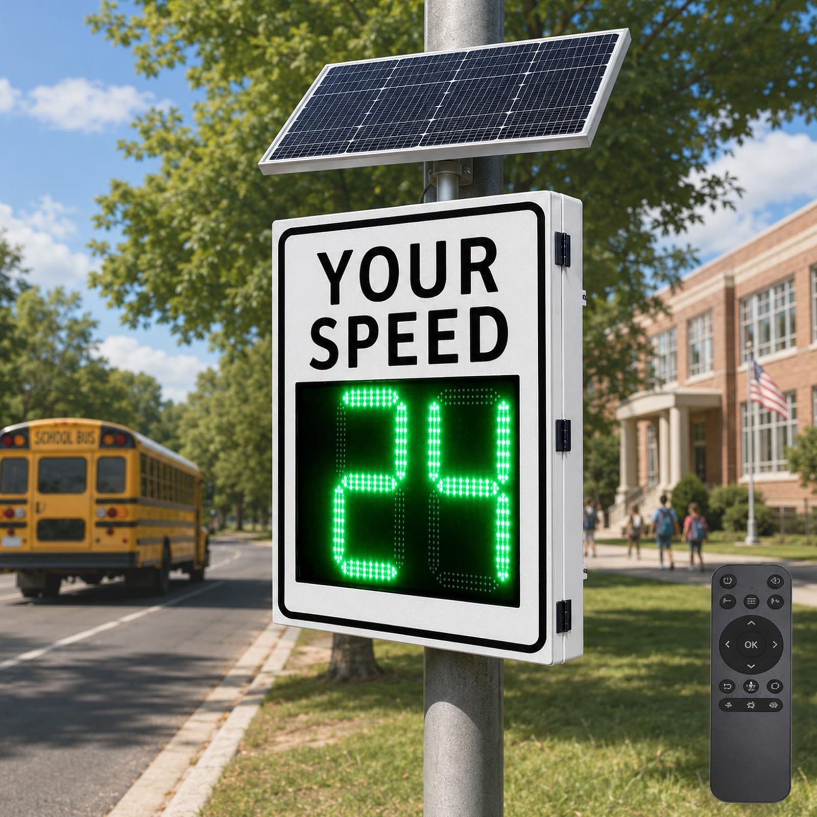Señal de Radar de Velocidad Solar, Pantalla LED con Aviso Rojo y Verde, Carcasa de Aluminio, Control Remoto, Señal Su Velocidad para Carreteras, Zonas Escolares y Aparcamientos 20"×27"