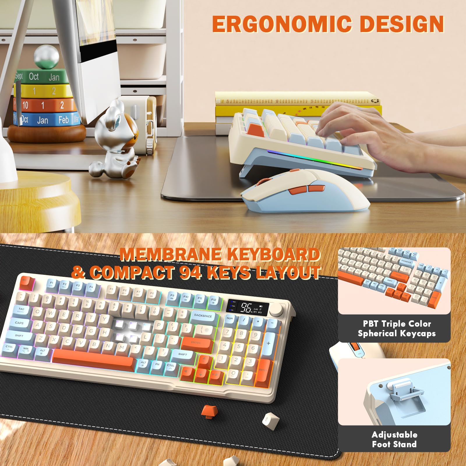 FREEWOLF T96 Clavier et Souris sans Fil, Bluetooth & 2,4G, Touches PBT, Molette Multimédia, Écran LCD, Silencieux, Anti-Ghosting, Disposition QWERTY, Rechargeable, pour Mac/Windows/Linux - Myrtille