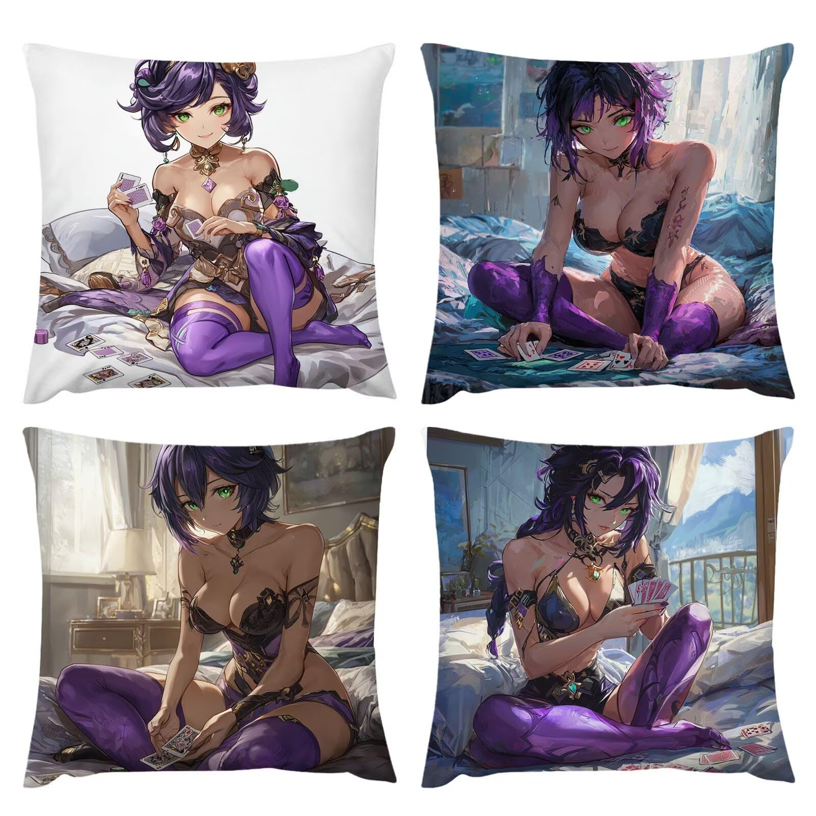 Waterproof Cushion Cover 24x24 in Set of 4 Outdoor Throw Pillow Covers Anime Girl Decorative Lumbar Pillow Cases Decorations for Patio Garden Porch Bench Sofa Indoor Living Room Bed Chair h-113