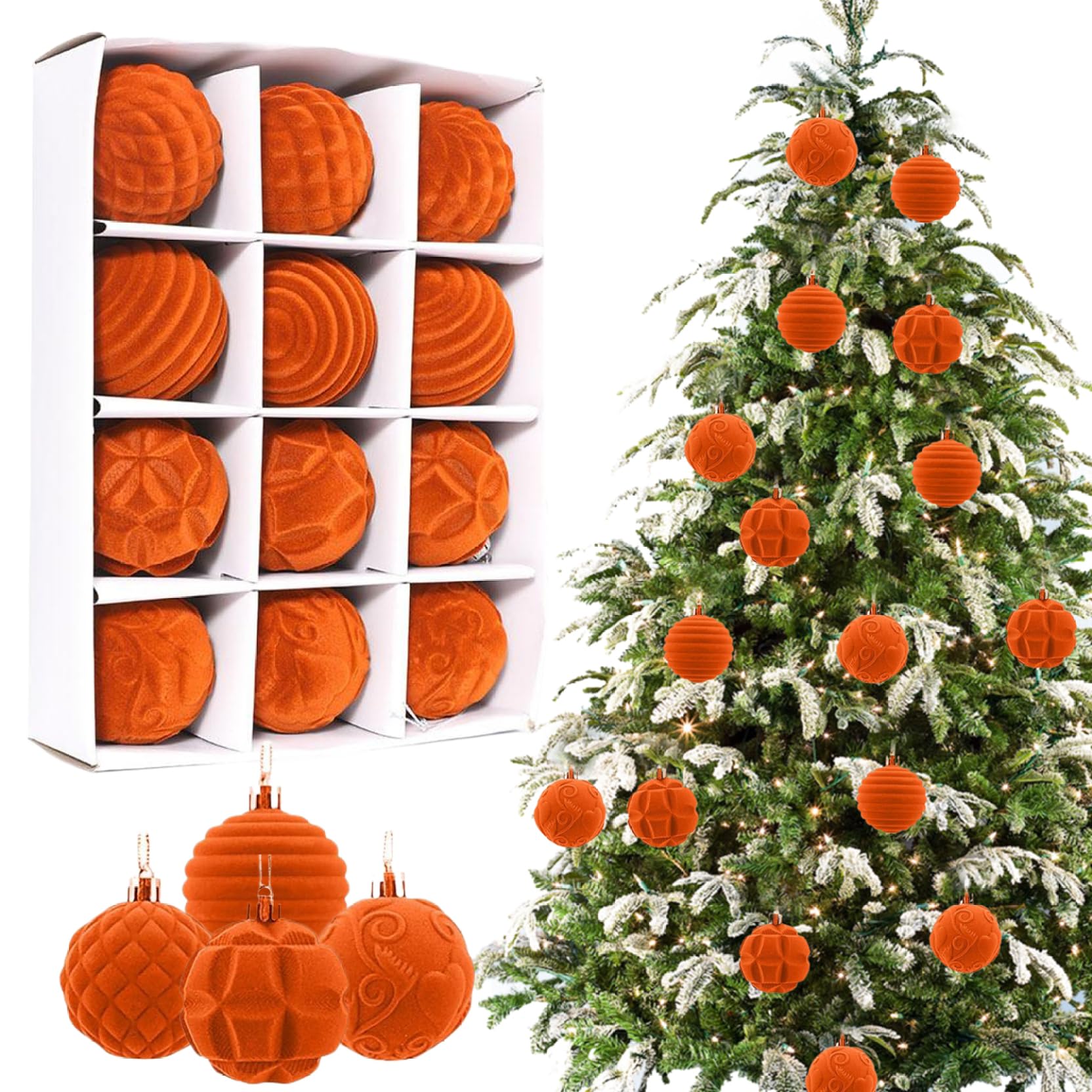 CAKEEYUM Velvet Christmas Balls 12Pcs Textured 2.36in Flocked Christmas Ball Ornaments Orange Hanging Velvet Ornaments for Tree, Wreath, Garland Balls