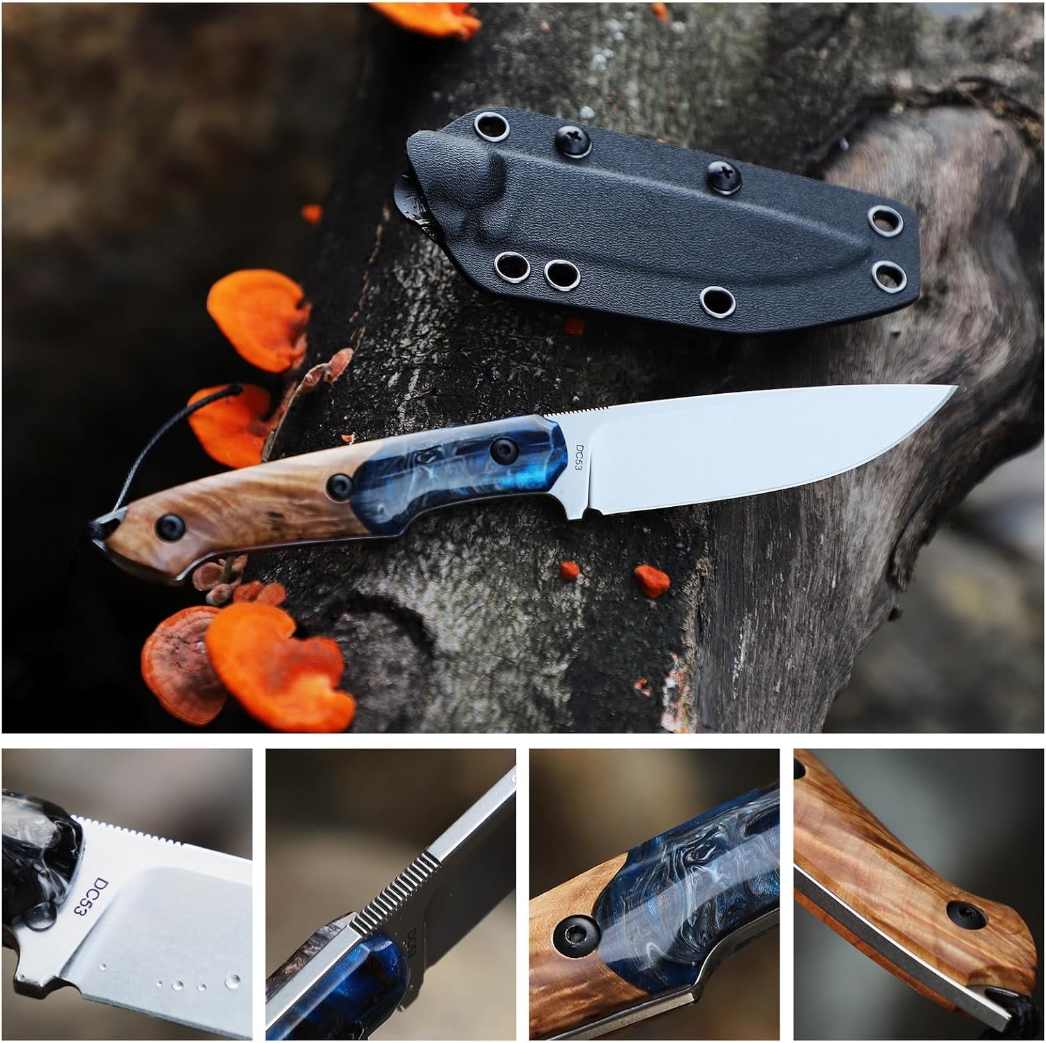 Handmade DC53 Fixed Blade Knife, 7.8-inch Men's EDC Knife, Tactical K-Type Knife Sheath, Anti-slip, Resin-fused maple wood knife handle, Ideal for outdoor camping adventures, mountaineering trips, and practical tactical use. (Yellow and blue)