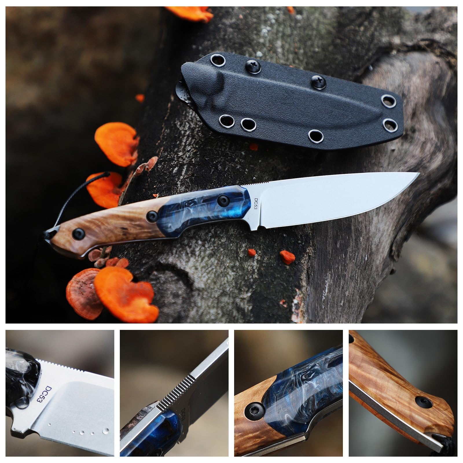Handgefertigtes DC53-Stahlmesser mit feststehender Klinge, Outdoor-Taschenmesser für Herren, inklusive Scheide, Griff aus Kunstharz und Ahornholz, ideal für Camping und Bergsteigen.