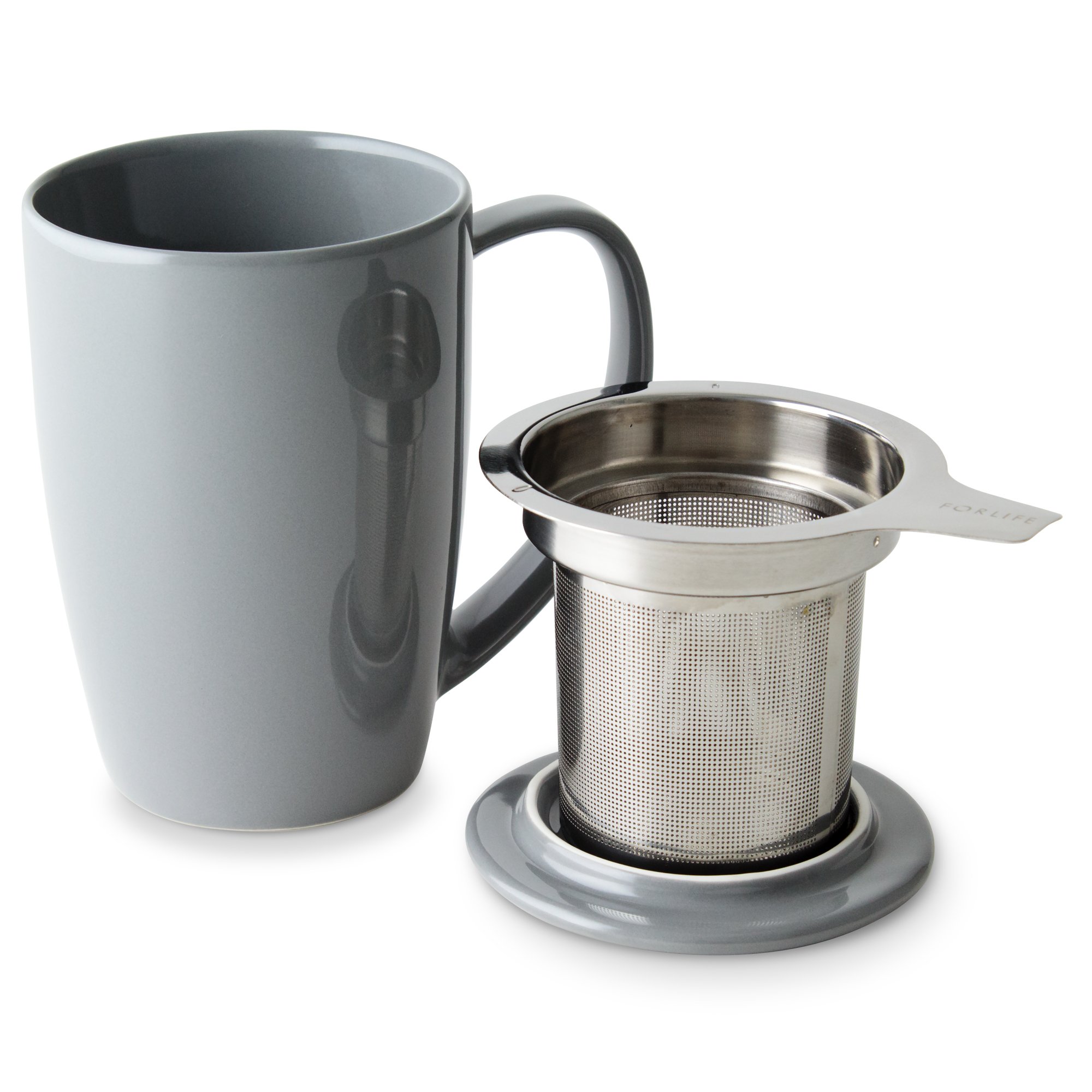 FORLIFE Curve Tasse à thé avec infuseur et couvercle 425 ml, Porcelaine, gris, 15-Ounce / 443 ml