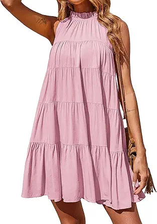 Okiwam Womens Summer Halter Dresses Sleeveless A Line Tiered Swing Mini 2025 Fall Casual Boho Beach Vacation Sundress