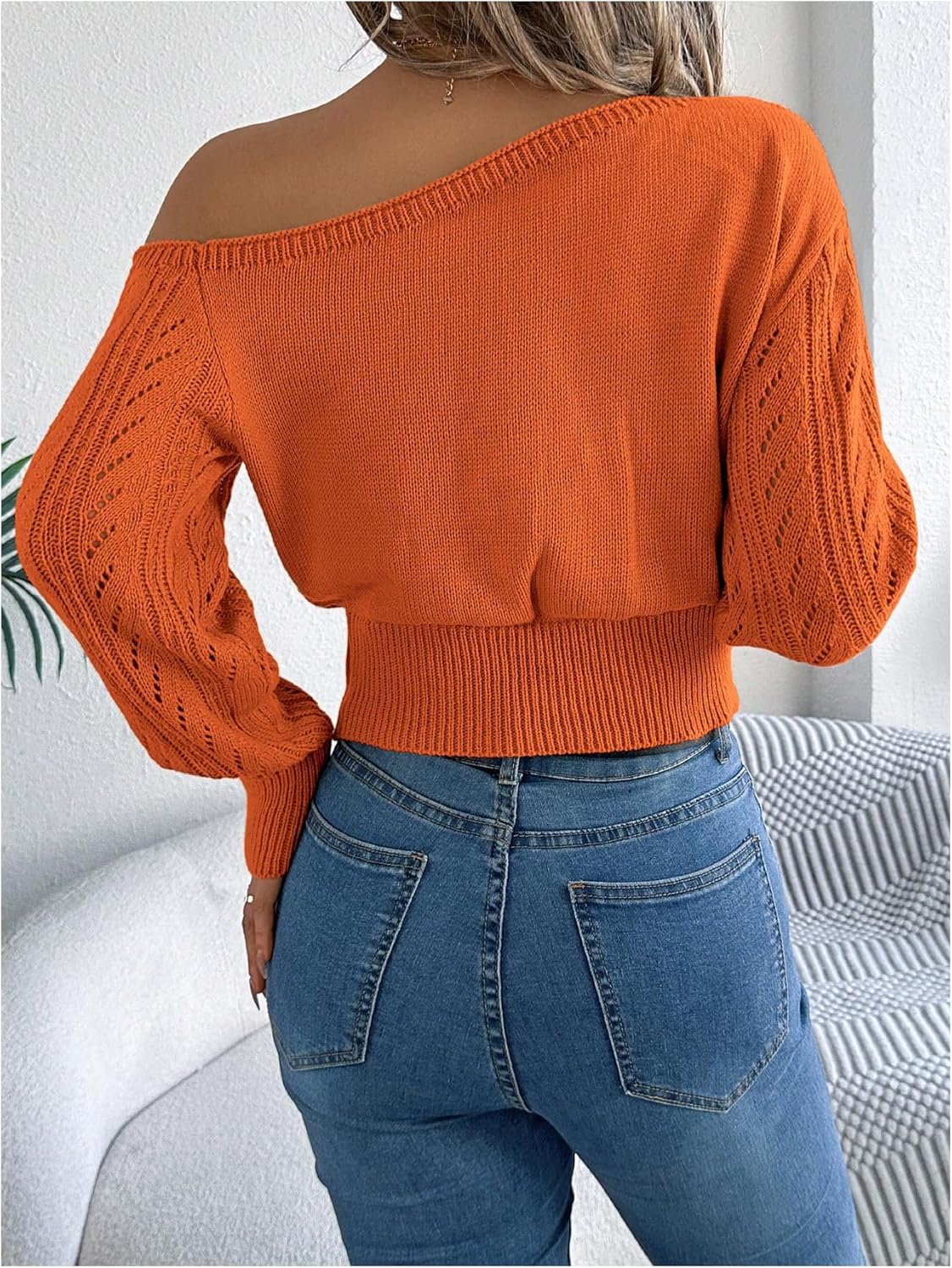 MakeMeChic Women's One Shoulder Tops Sweater Long Sleeve Lightweight Pullover Jumper Top - Image 2