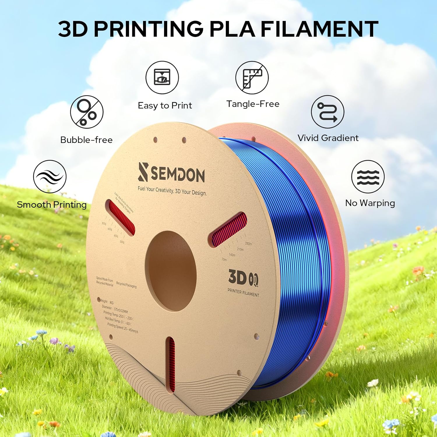 PLA Filament 1.75mm, Tri-Colors Gradient Rainbow Silk PLA Filament ±0.02mm - Metal 3D Printer Filament for Ender 3 V2, 3D Printer, Lithophane,1KG Spool(2.2lbs), Red/Blue/Green - Image 6