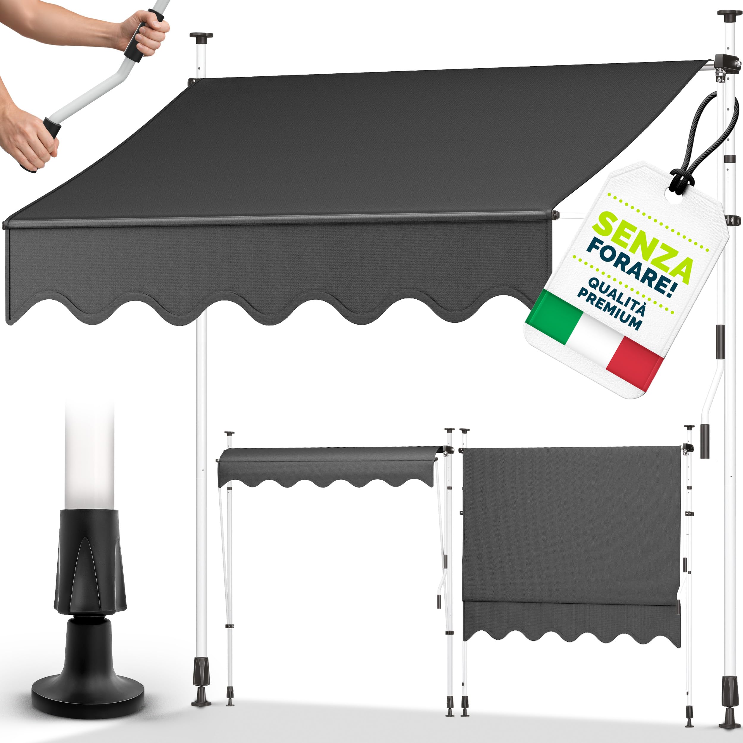tillvex Tenda da Sole a Bracci con Manovella 250cm | Protezione per Il Balcone, Regolabile, Senza Forare, a Manovella | Tenda Resistente per Esterno ai Raggi UV e Regolabile in Altezza