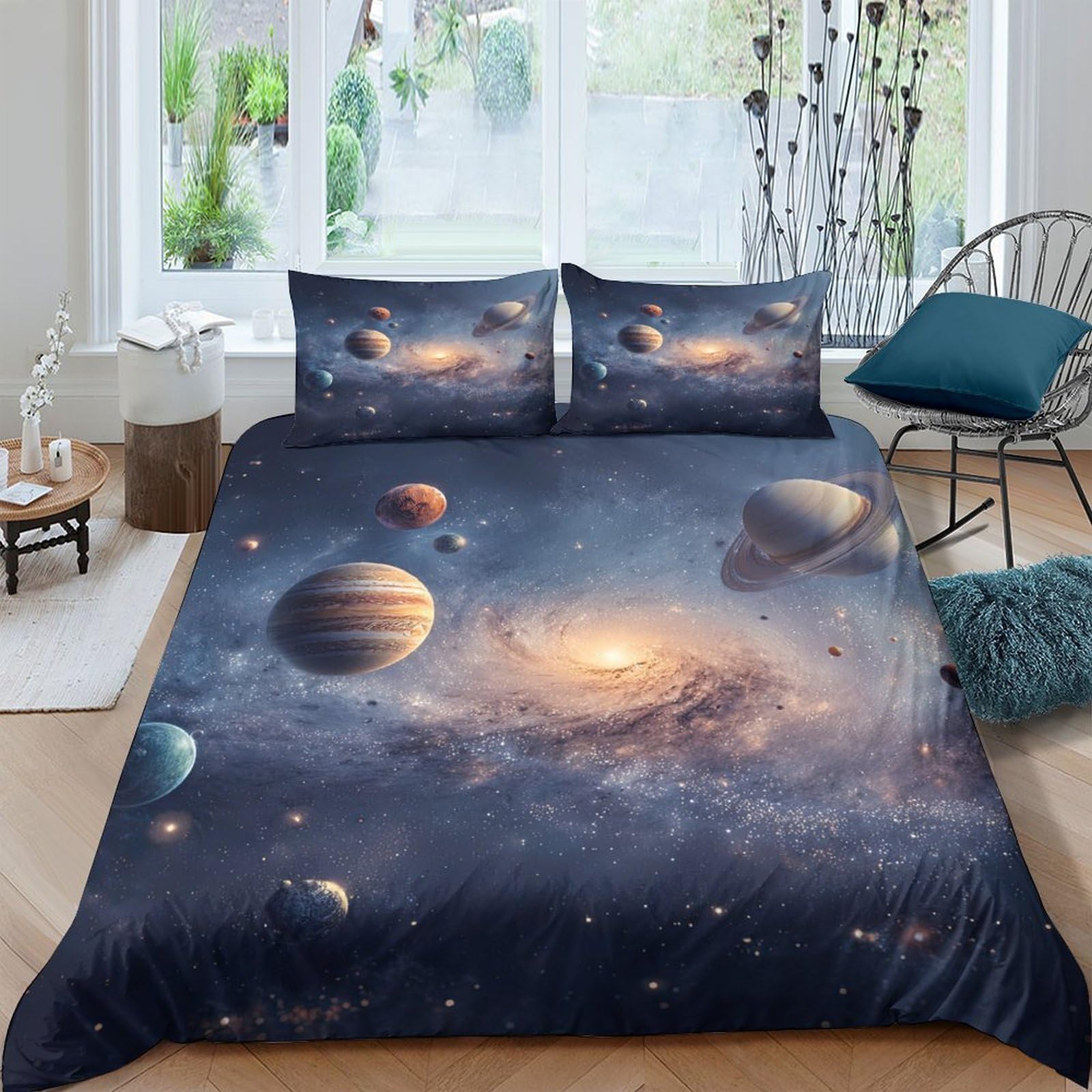 3D Printed space planets Quilt Cover Premium Polyester cosmic galaxy art style Duvet Cover Stain Resistant No Iron for Student Dorm College Accommodation Daily Use Single（140x200cm）