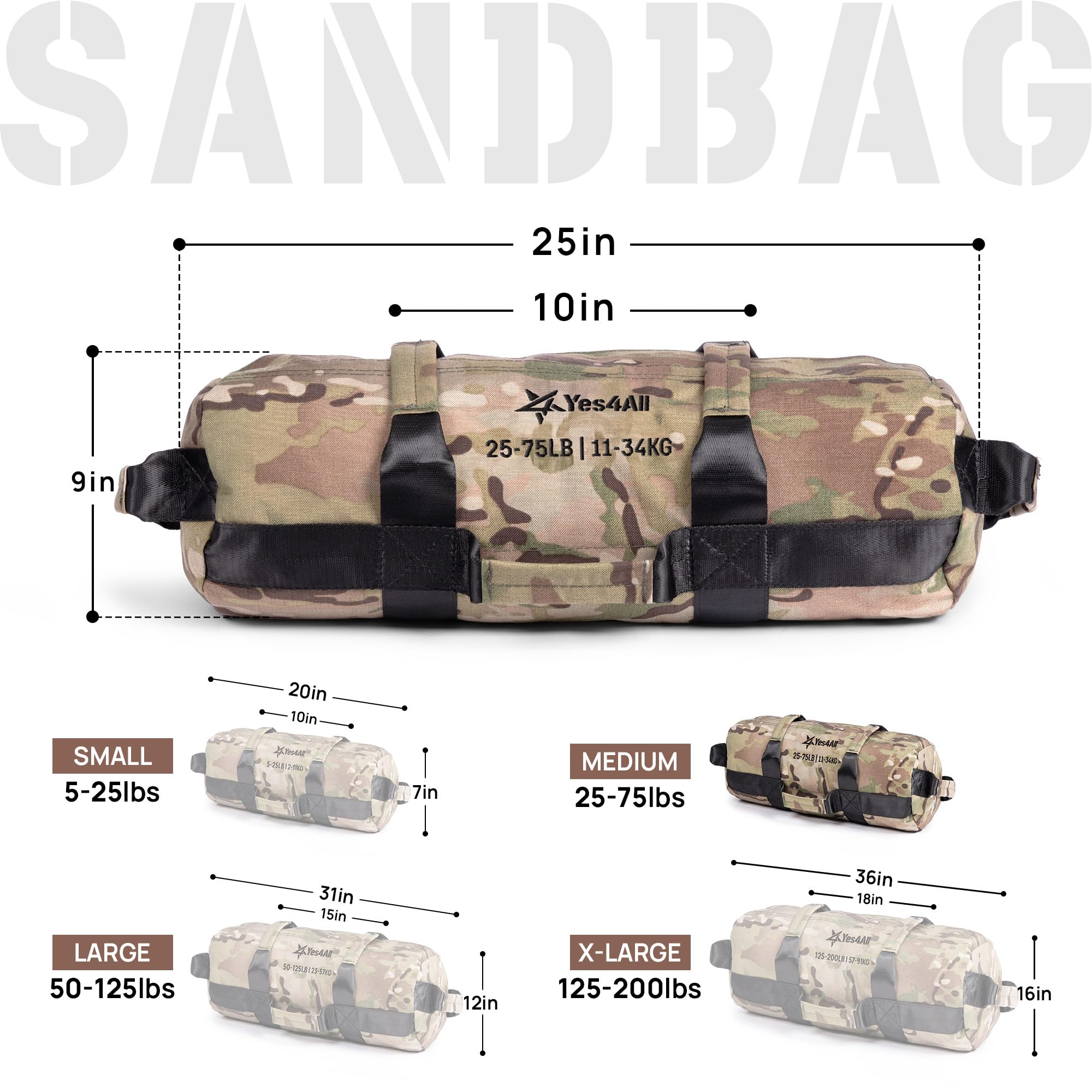 Yes4All Sandbag Regolabile per attività Fisica e Fitness con 7 Maniglie - Power Bag per allenamenti di Corsa, Core Bag per Molti allenamenti Esercizio Funzionali, e Forza 2-90kg