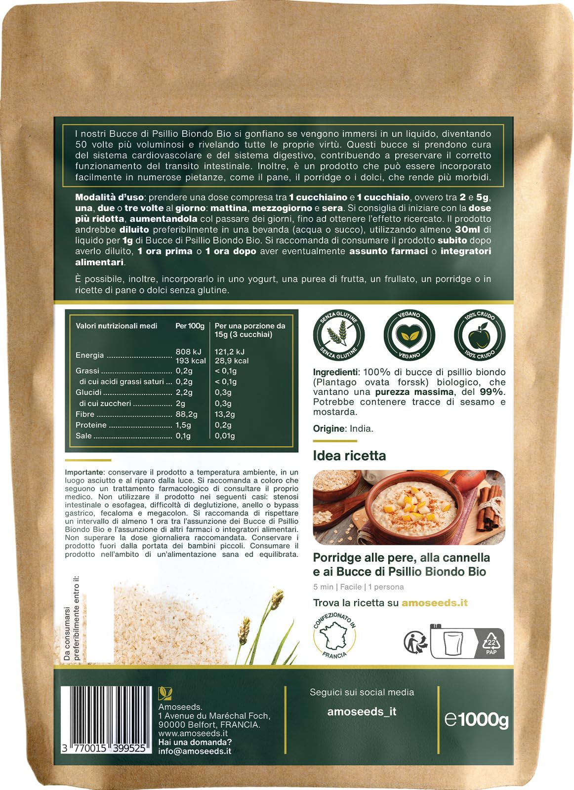 Bucce di Psillio Biondo BIO 1KG | Purezza Massima 99% | Psilio Indiano, Naturale, Puro, Ricco di Fibre | Transito, Digestione, Senza Glutine | Qualità Superiore (1kg)