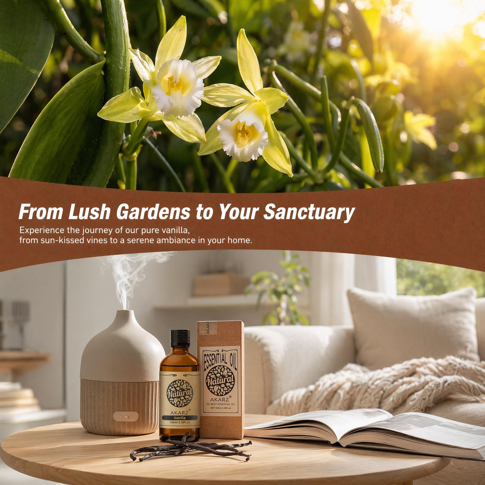 AKARZ 100ml Olejek esencjny z Wanilii - Naturalny olejek aromatyczny do dyfuzorów, lamp aromatycznych i aromatów pomieszczeń