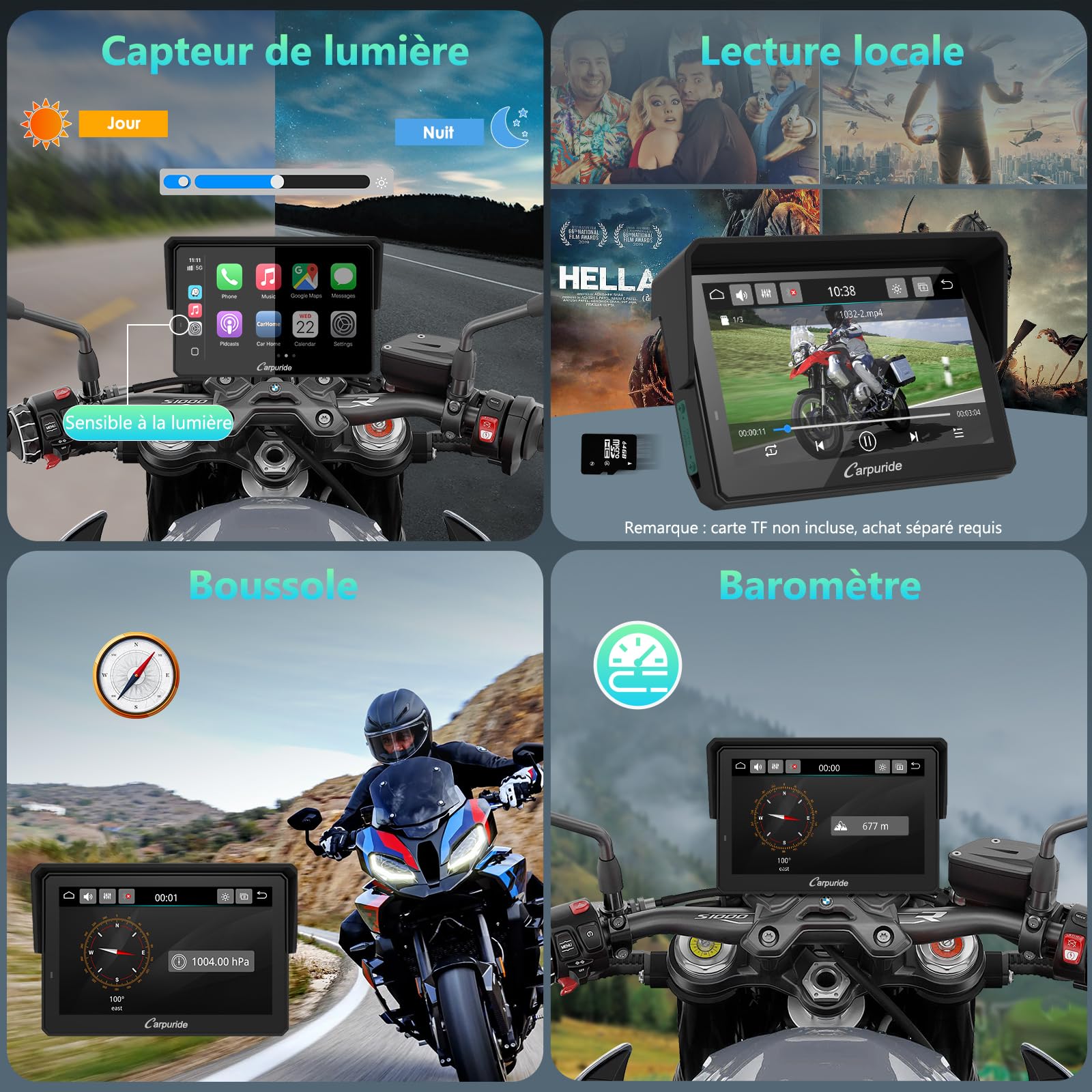 CARPURIDE W502BS Pro pour Moto BMW, CarPlay et Android Auto, Double Bluetooth, écran de Navigation étanche de 5 Pouces, Lecture de Données, Native Wonder, TPMS, Capteur de Lumière, Partage de Musique