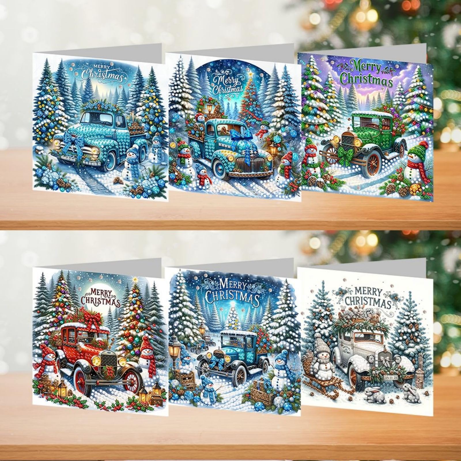 BAYUNOE 6Pcs Christmas Greeting Card DIY Diamond Art Painting Greeting Cards Special Shaped Diamond Blessing Gift Folding Card Kit Arts Crafts for Birthday Thanksgiving Day-Christmas Retro Cars