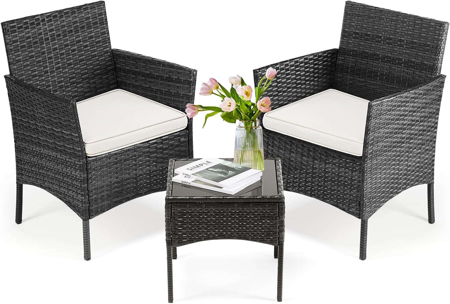 DUMOS Patio Furniture Set 3 Pieces, Outdoor Wicker Furniture with Coffee Table, Modern Rattan Patio Chairs Conversation Sets with Sofa for Garden, Terrace, Porch, Balconies, Lawns(Black and Beige)