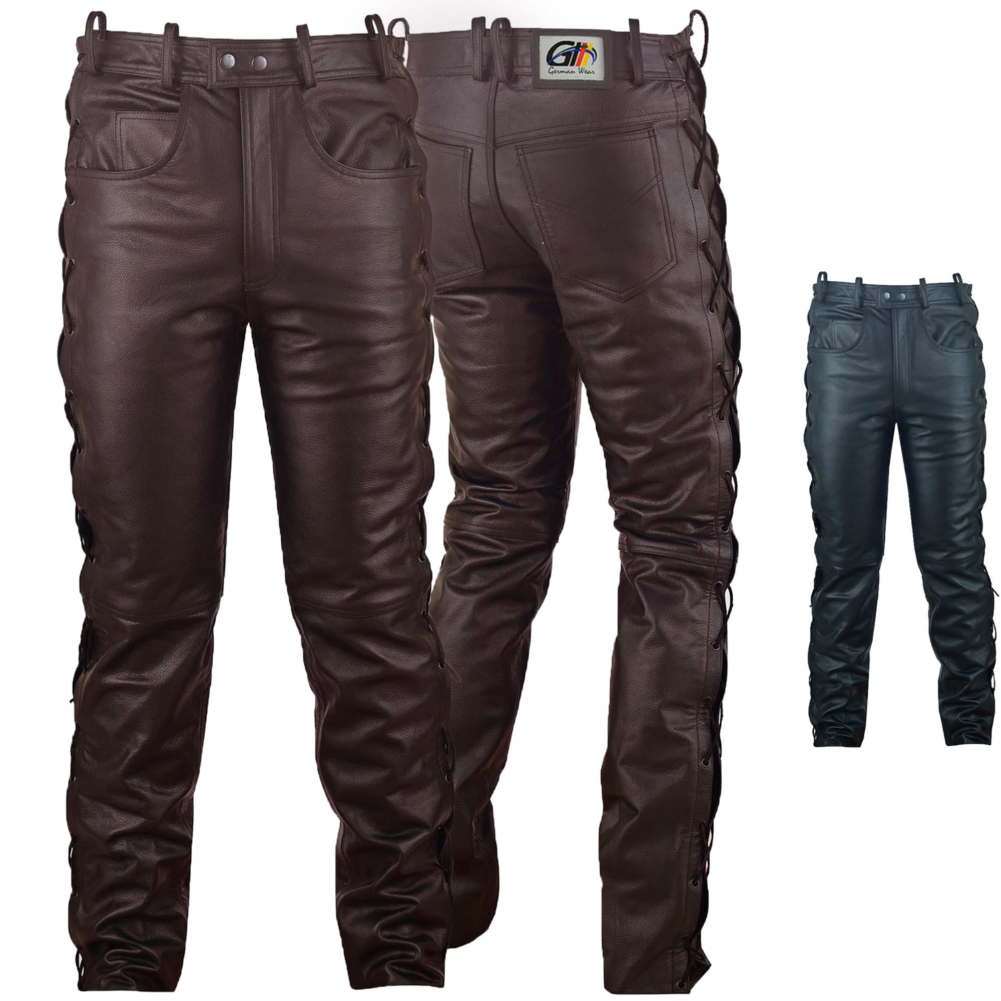 German Wear Lederhose lederjeans bikerjeans Büffelleder seitlich geschnürt Braun, Größe:60/4XL