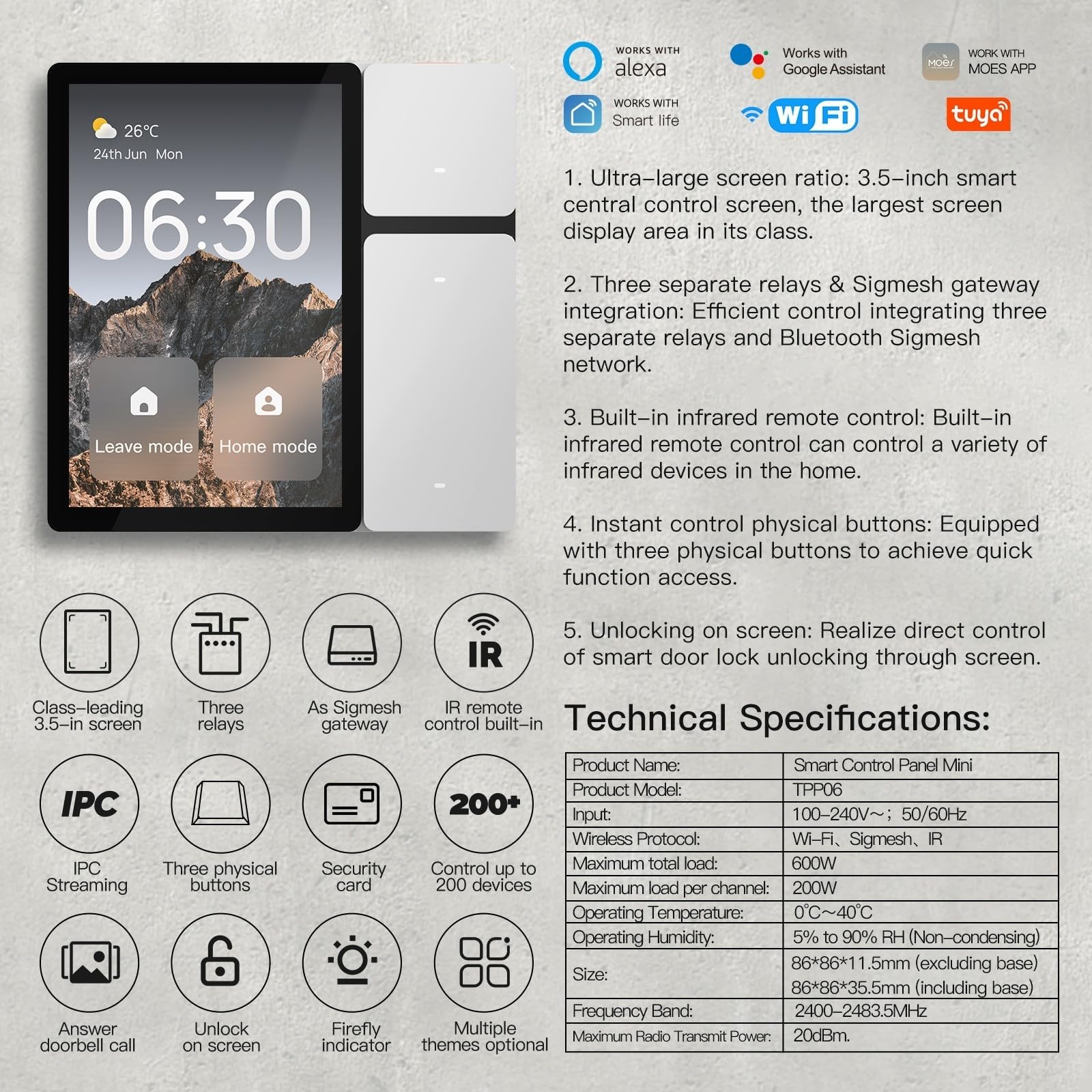 Per MOES WiFi 3 5" Smart Control Panel con 3 Relè e Pulsanti Fisici Progettato per Telecomando Infrarossi di Dispositivi Domotici