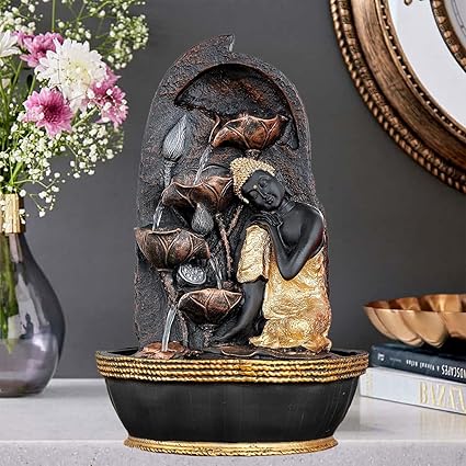 SN Handicrafts Polystone Buddha Table Top Indoor Outdoor Water Fall Fountain with LED Lights Home Decor Decoration Gift Gifting Items (BLK)