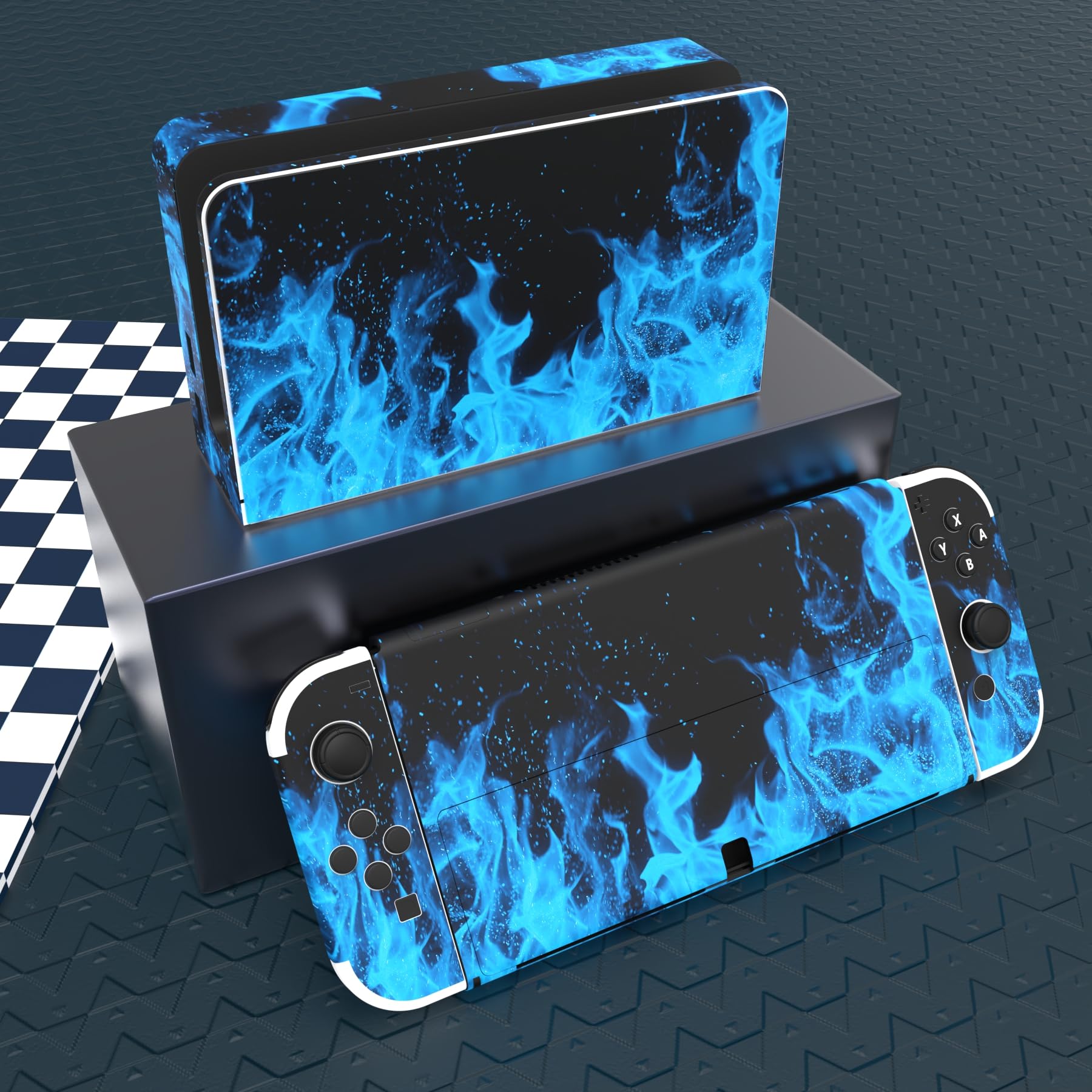 playvital Protective Skin Sticker for Nintendo Switch OLED, Decal Sticker Vinyl Compatible with Joycon&Console & Dock & Grip, Blue Flame - 3