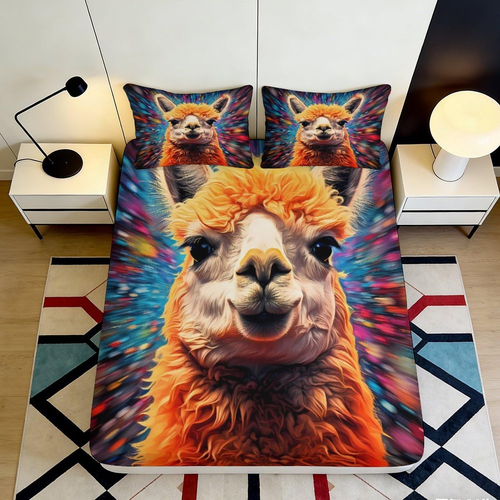 3D Printed Llama Art Fitted Sheet Microfiber Soft Vibrant Alpaca Mattress Cover for Bedroom Guest Room Decor 90x200x25cm