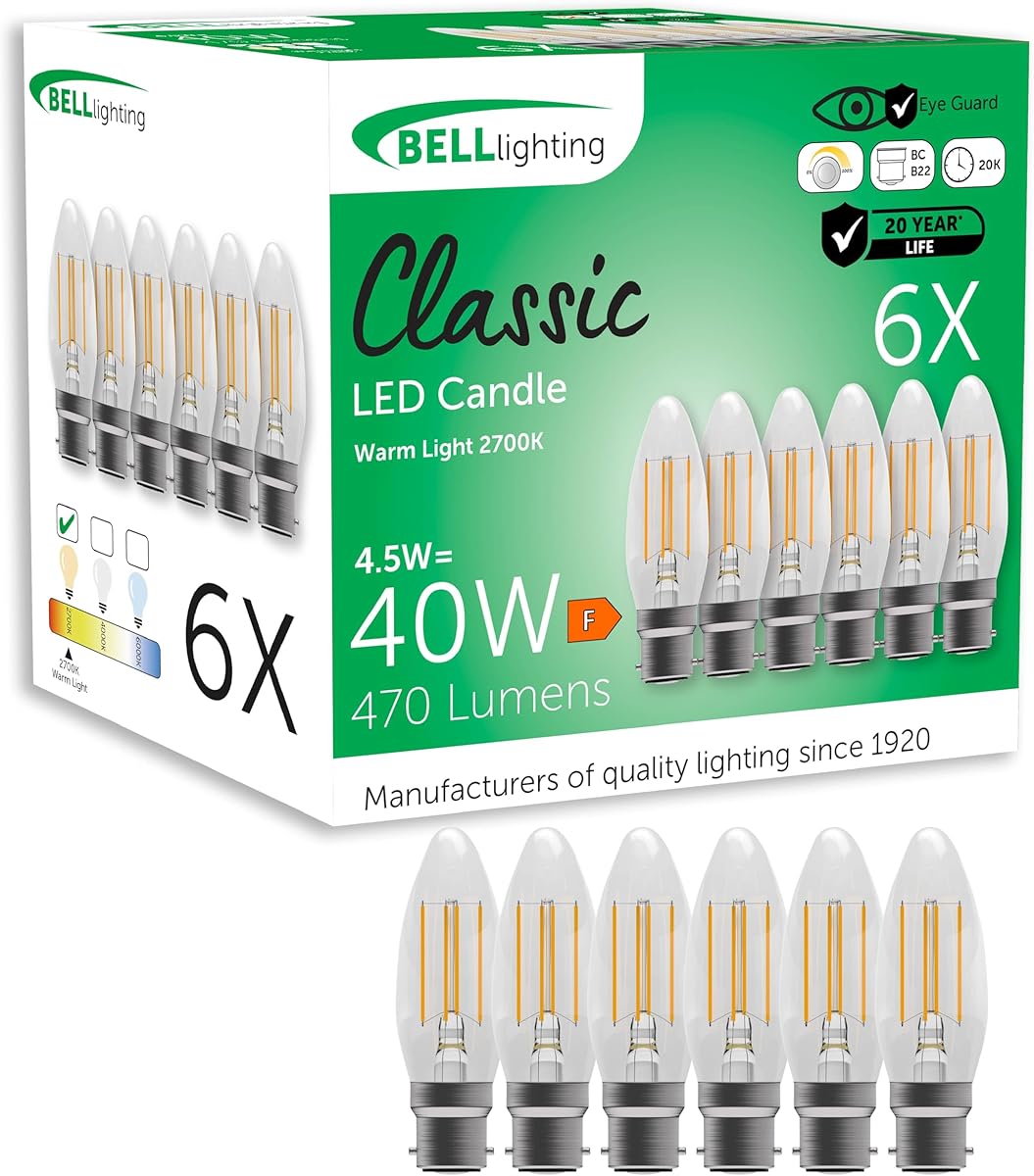 BELL Lighting B22 Bayonet Filament Dimmable Light Bulb LED Candle 6 Pack | Warm White 2700K | 470 Lumen 4.5W | Energy Saving Candle LED Light Bulb | 40W Lamp Equivalent